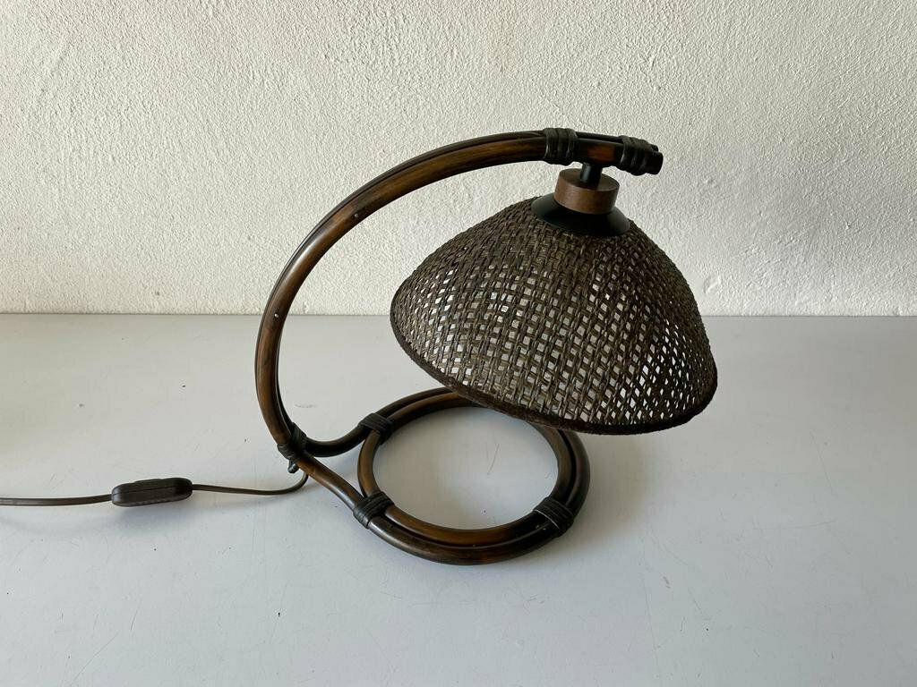 Rare Bamboo & Wicker Bedside Lamp With Air Bubble Glass By Temde, 1960s, Switzerland photo vinterior