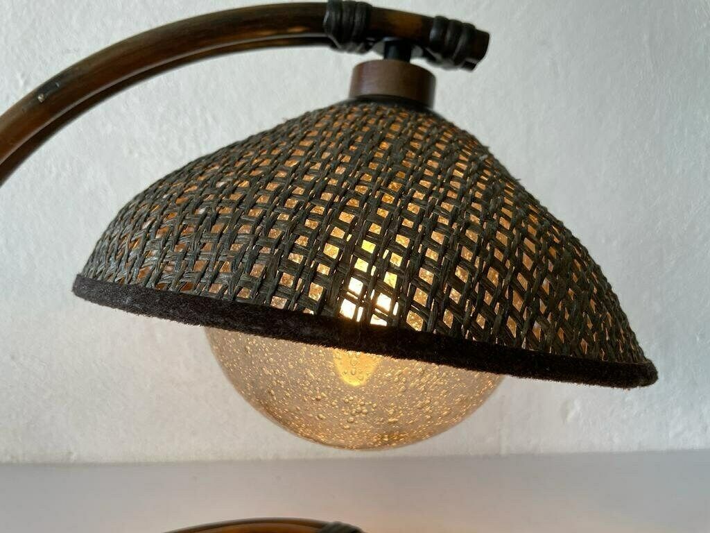 photo for sale Rare Bamboo & Wicker Bedside Lamp With Air Bubble Glass By Temde, 1960s, Switzerland