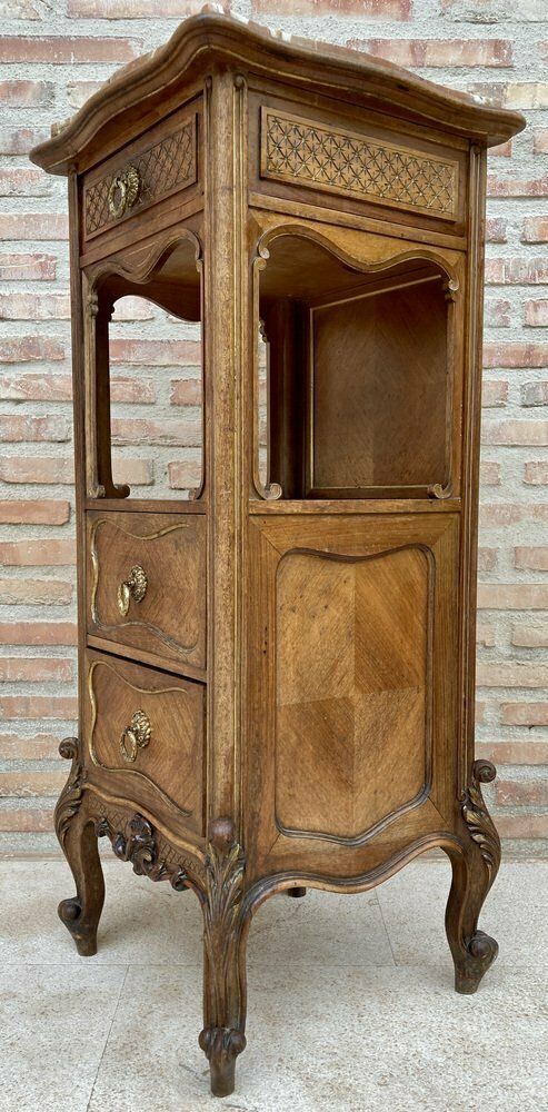 Spanish Louis XVI Style Wood & Red Marble Nightstands, 1920s, Set Of 2 photo vinterior
