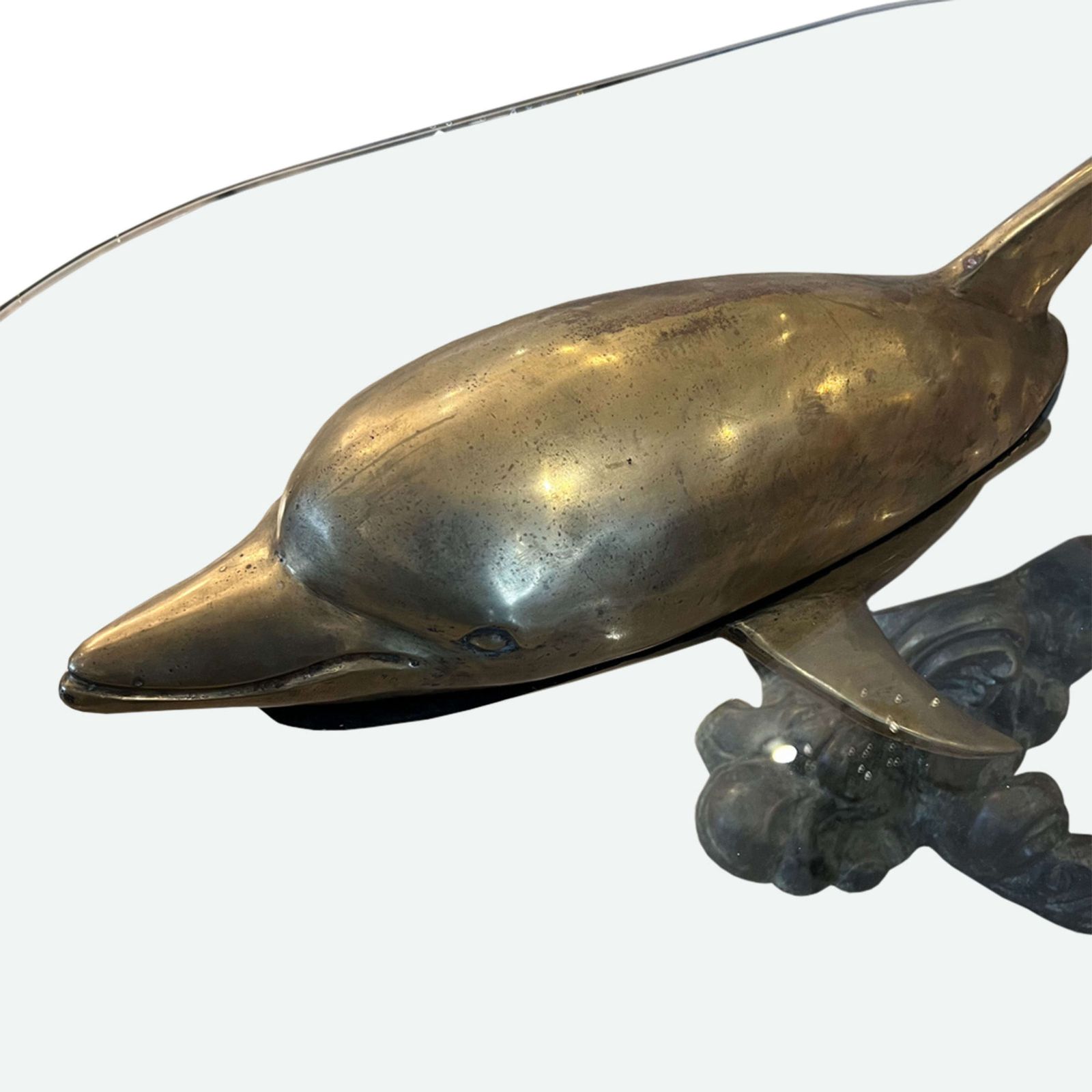 French Midcentury Brass And Glass Dolphin Coffee Table photo for sale