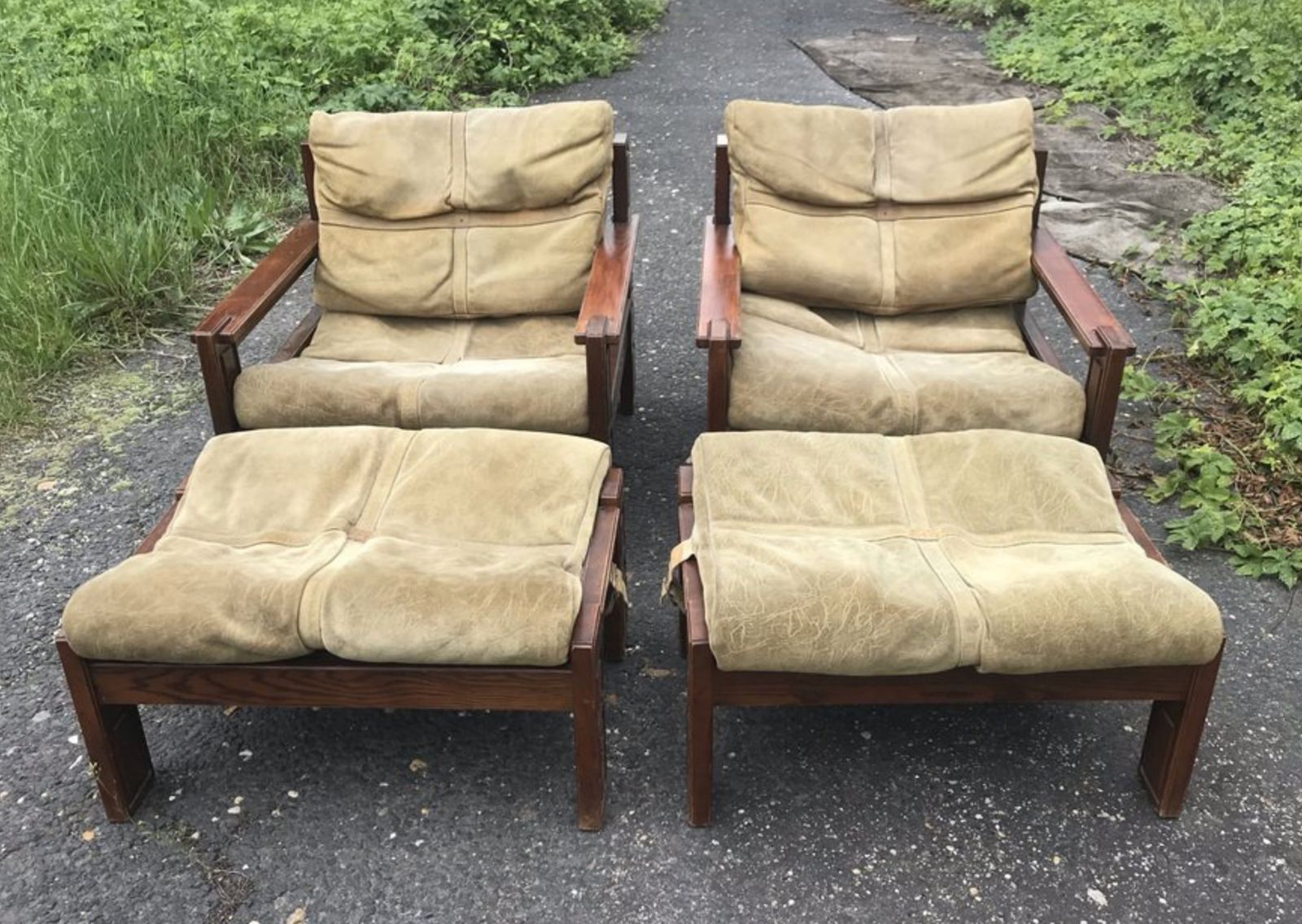 Wood & Leather Armchairs With Pouf, Set Of 4 photo Furniture