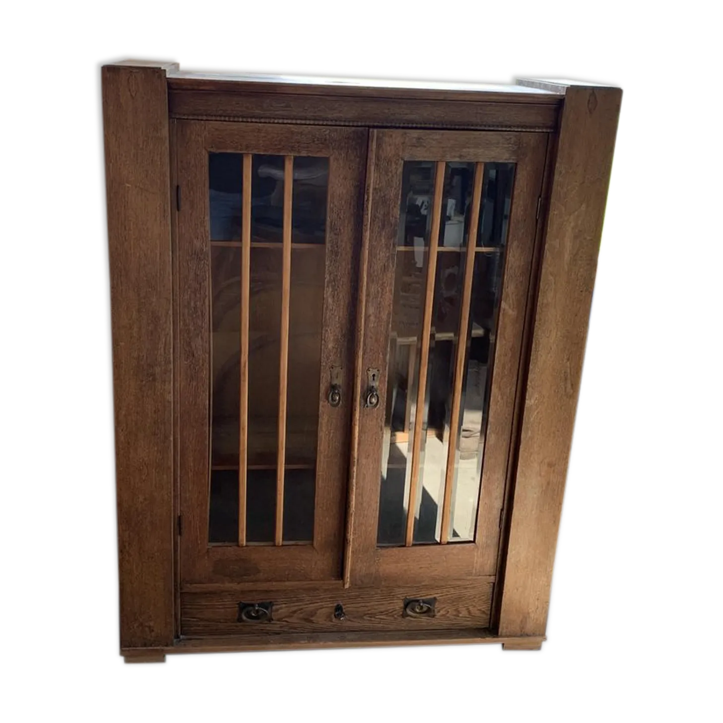 Antique Hungarian Oak Glass And Wood Cabinet