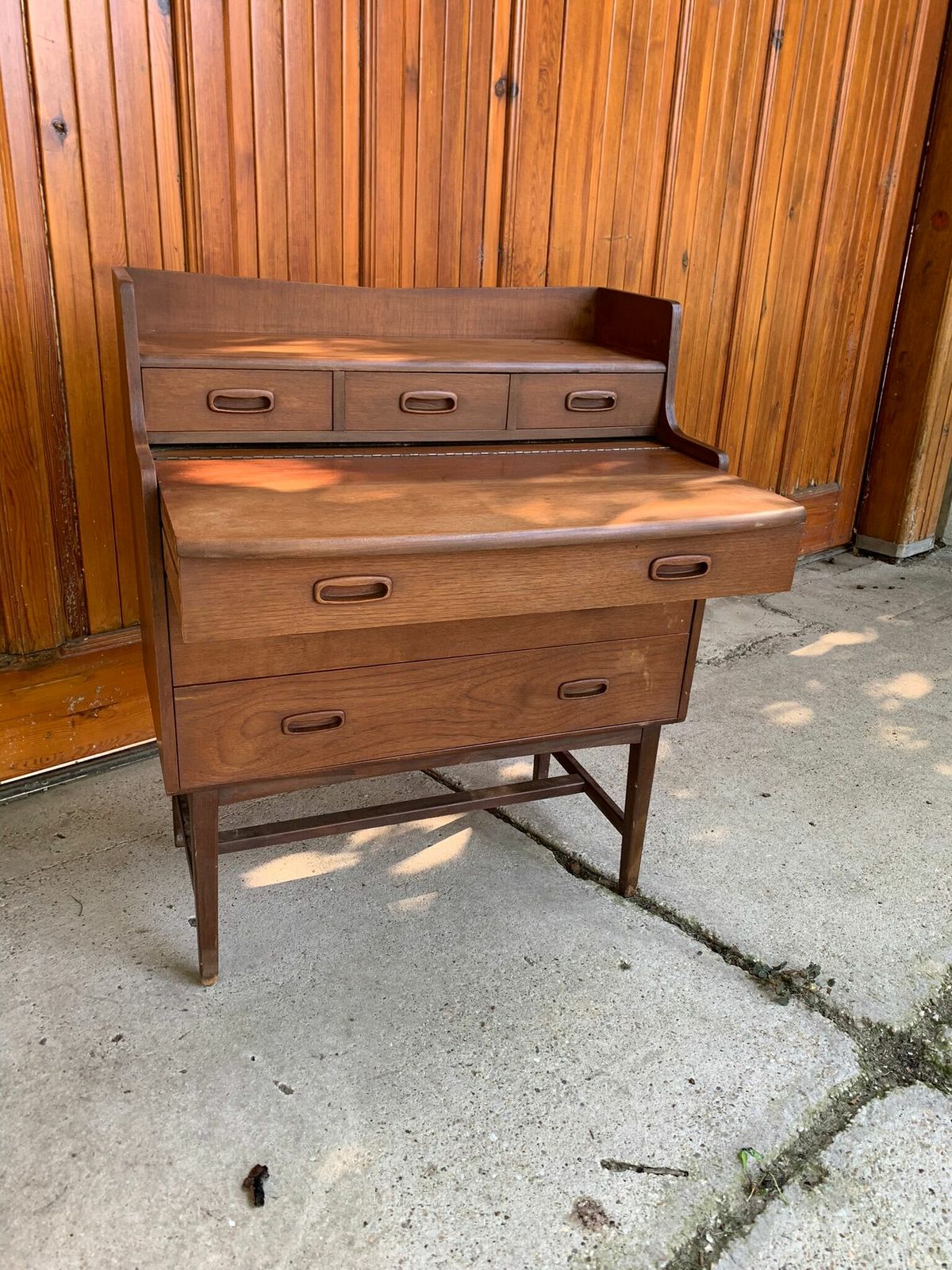 photo for sale Mid Century Curvy Dressing Table In Teak With Pull Out Mirror