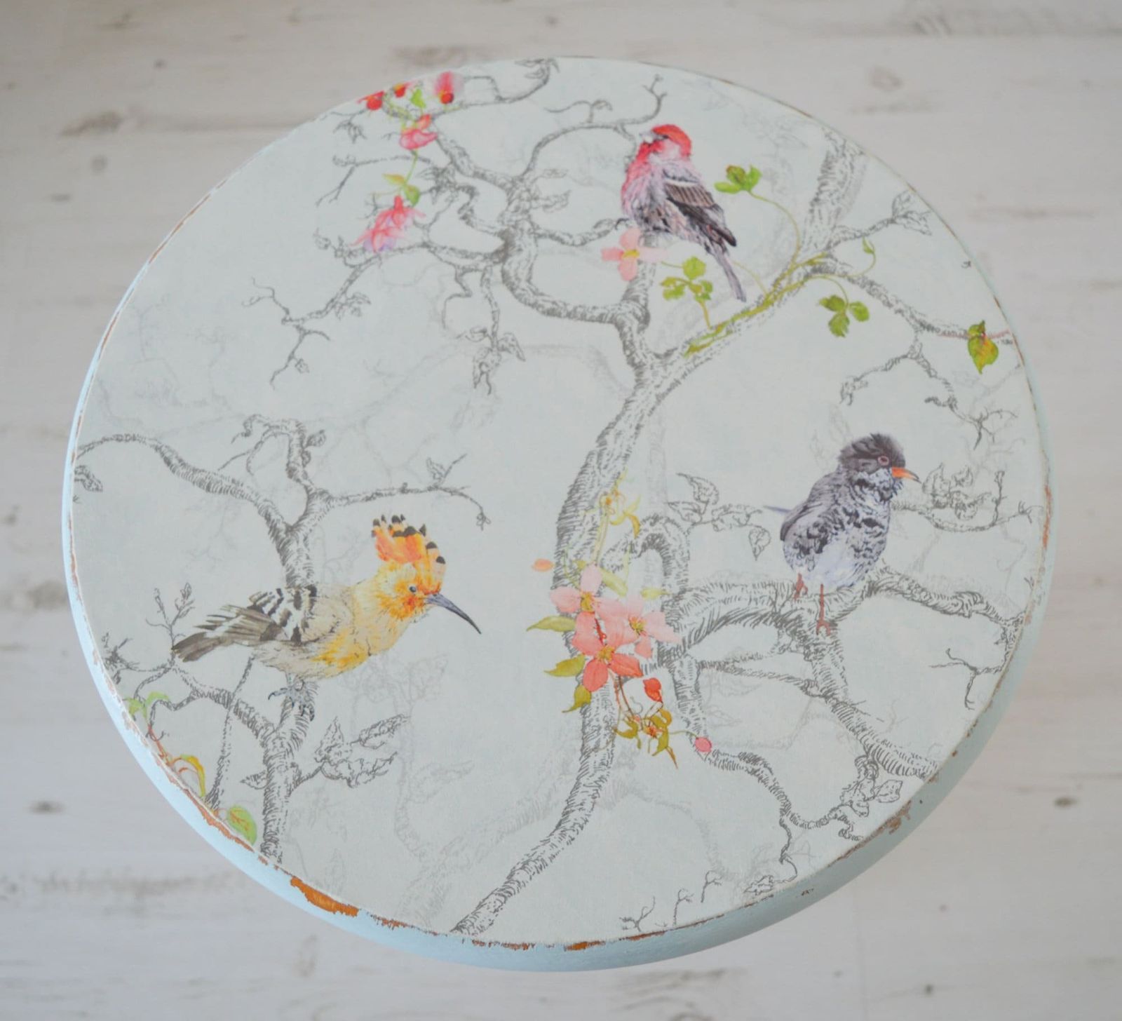 One Of A Kind Whimsical Bird Table, Hand Painted Decoupage Side Table, Wooden End Table, Side End Table, Shabby Chic Table photo furniture