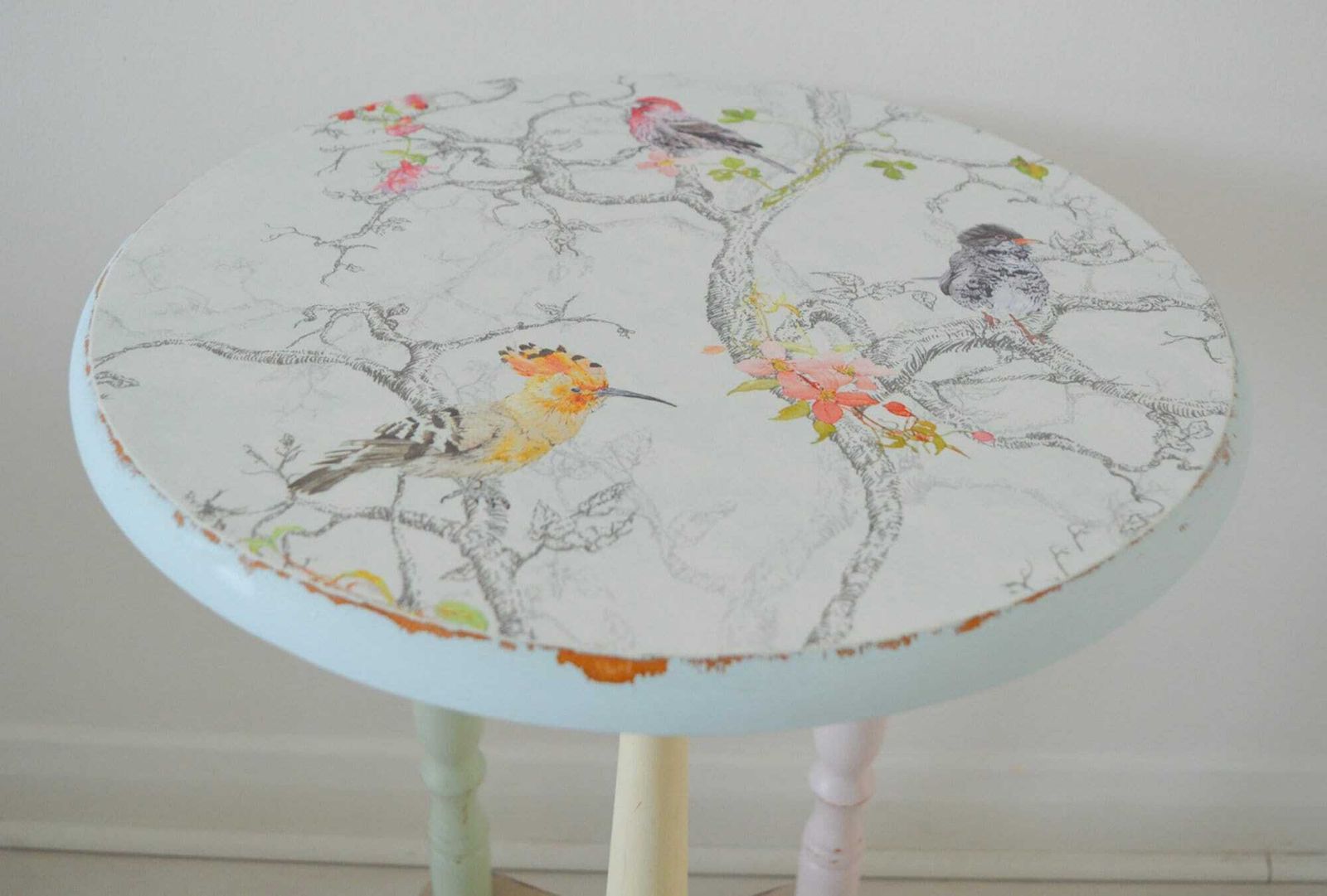 One Of A Kind Whimsical Bird Table, Hand Painted Decoupage Side Table, Wooden End Table, Side End Table, Shabby Chic Table photo Furniture