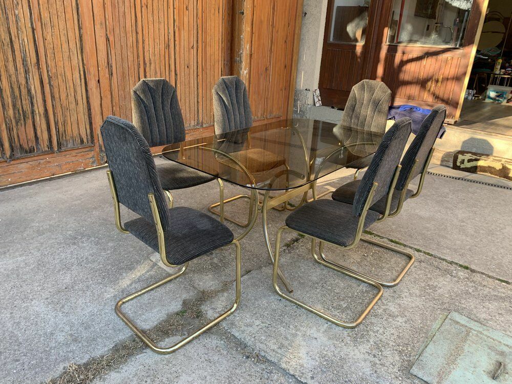 Vintage Italian Dining Chairs And Table In Brass, 1970s, Set Of 7 photo Furniture