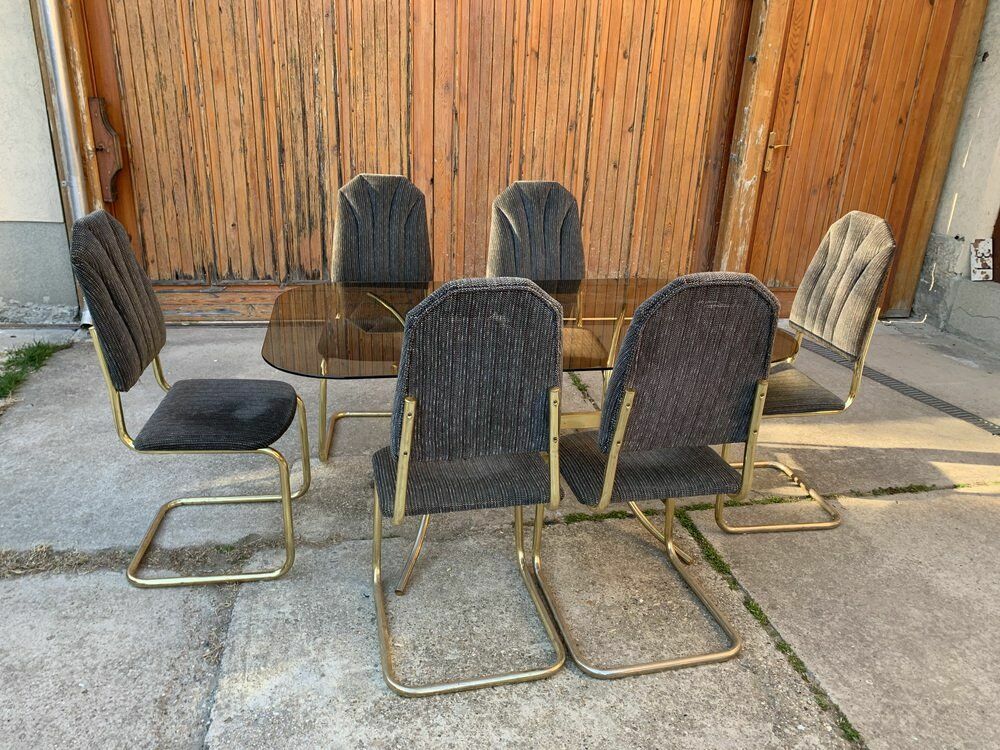 Vintage Italian Dining Chairs And Table In Brass, 1970s, Set Of 7 photo buy