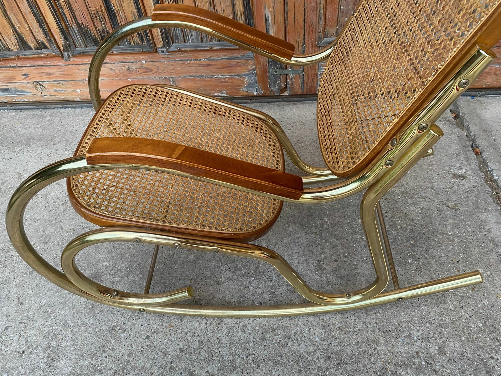 Vintage Brass & Cane Rocking Chair photo furniture