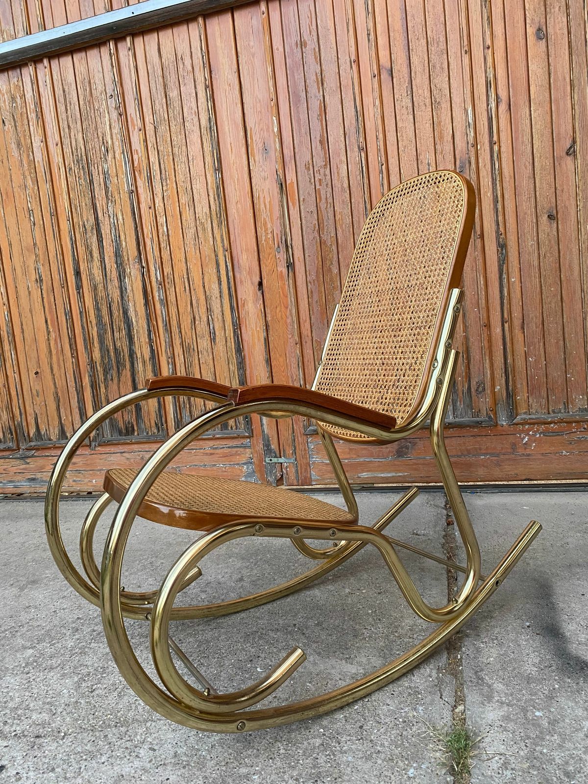 Vintage Brass & Cane Rocking Chair photo Furniture
