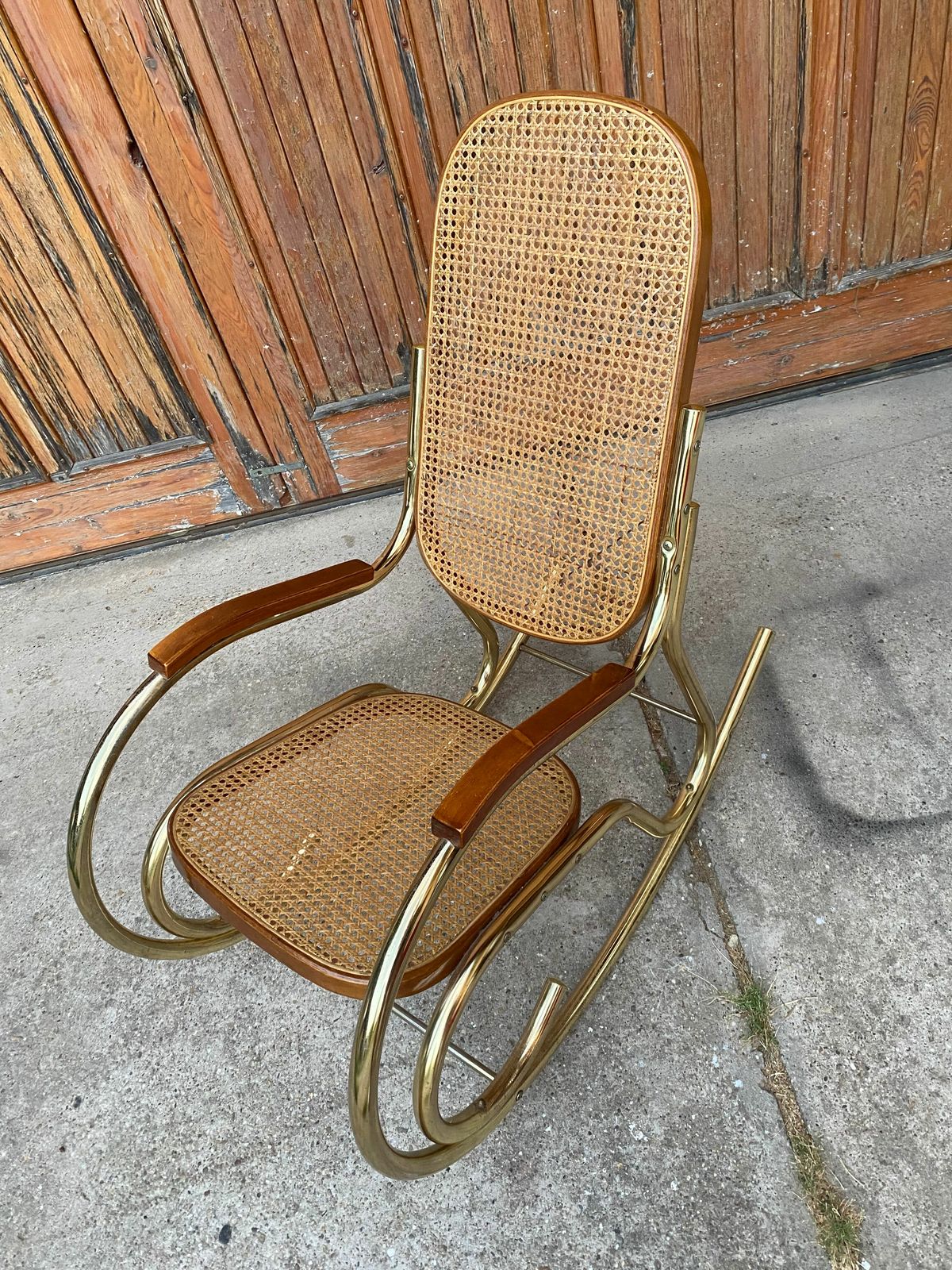 Vintage Brass & Cane Rocking Chair photo vinterior
