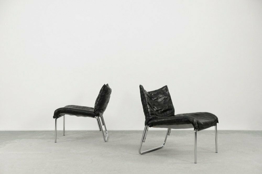 Mid Century Scandinavian Modern Black Patchwork Leather Lounge Chairs From Ikea, 1980s, Set Of 2 photo for sale