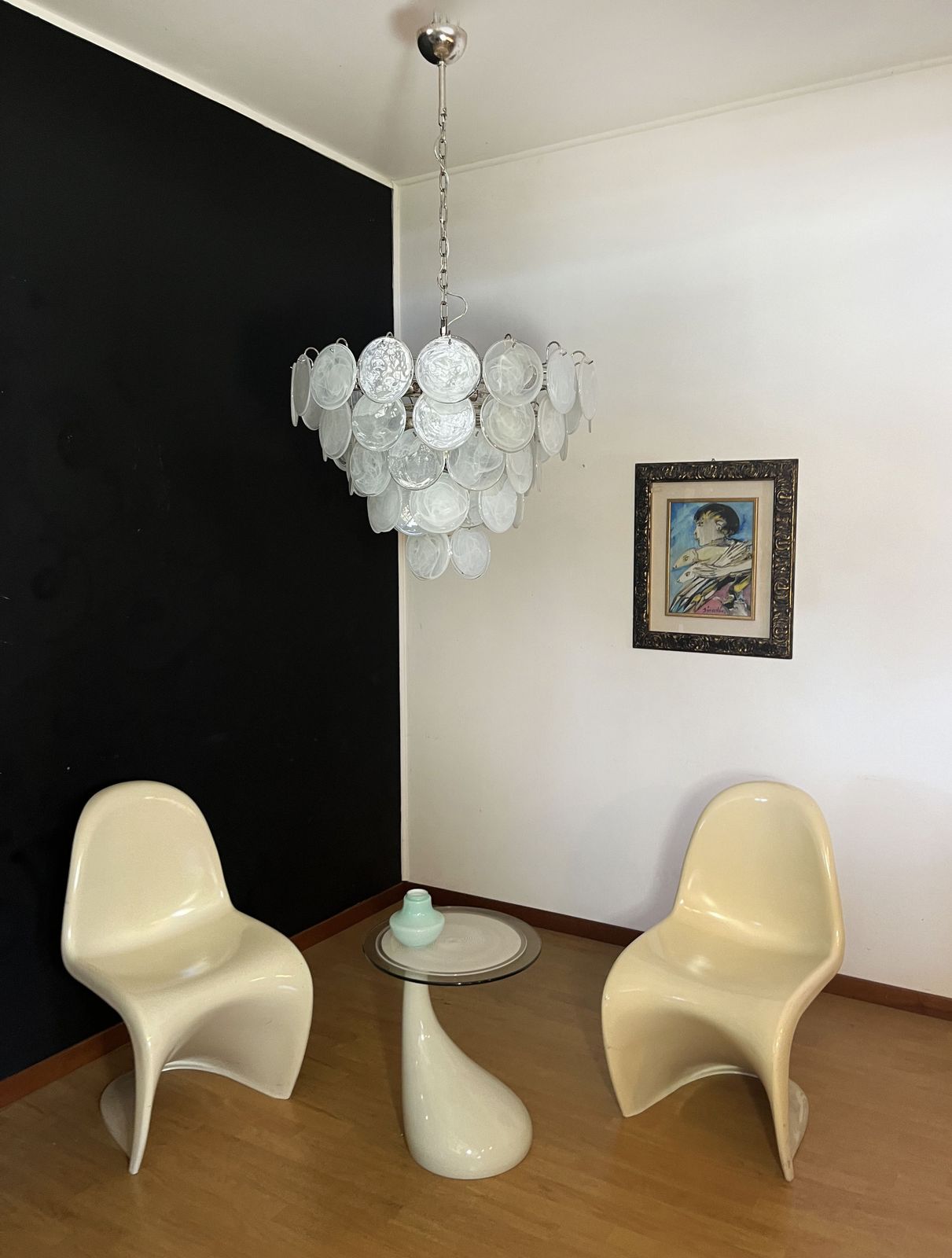 High Quality Murano Chandelier Space Age   57 White Albaster Iridescent Glasses photo furniture