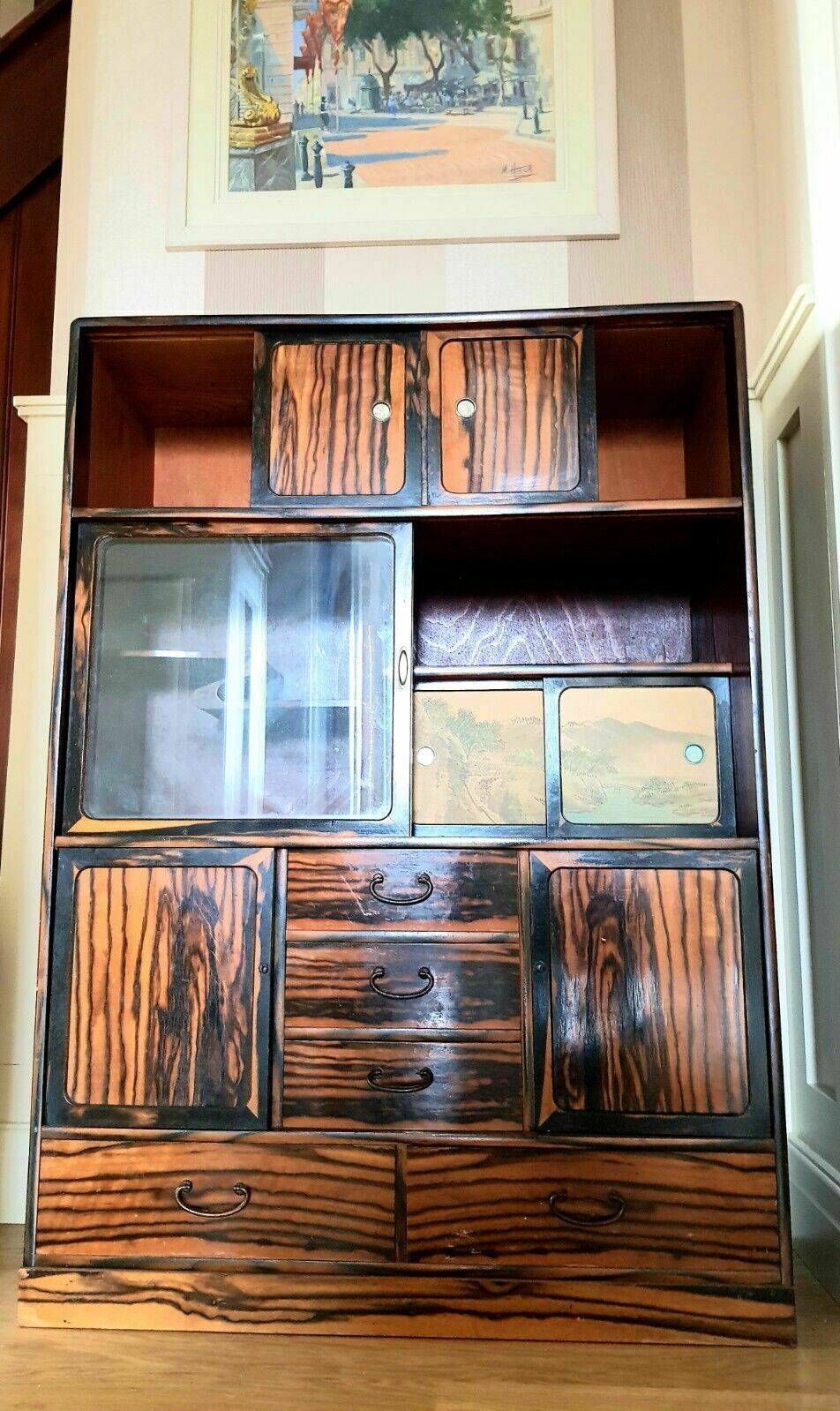 Oriental Antique Faux Painted Tigerwood Cabinet photo vinterior