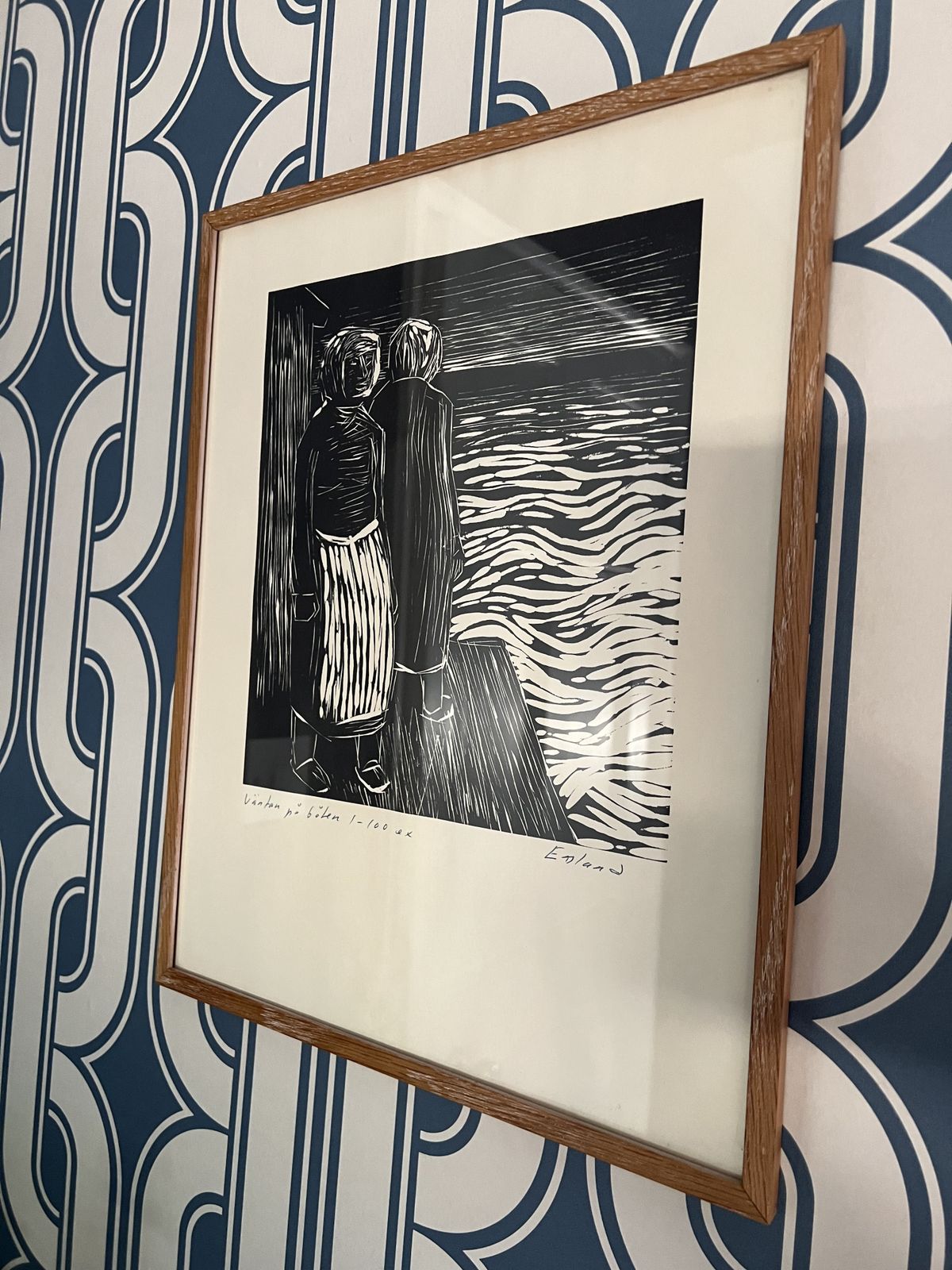 "Waiting For The Fishing Boats" Original Mid Century Swedish Lino Print By Einar Emland photo for sale