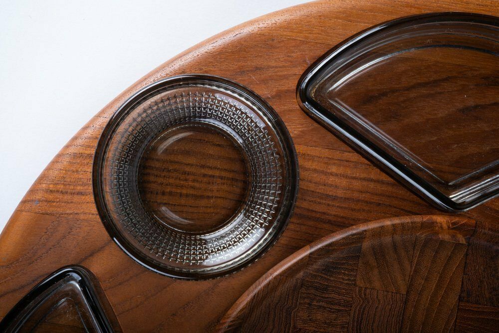 Danish Teak Carousel With 8 Glass Bowls From Glasværk Glassworks, 1960s, Set Of 8 photo for sale