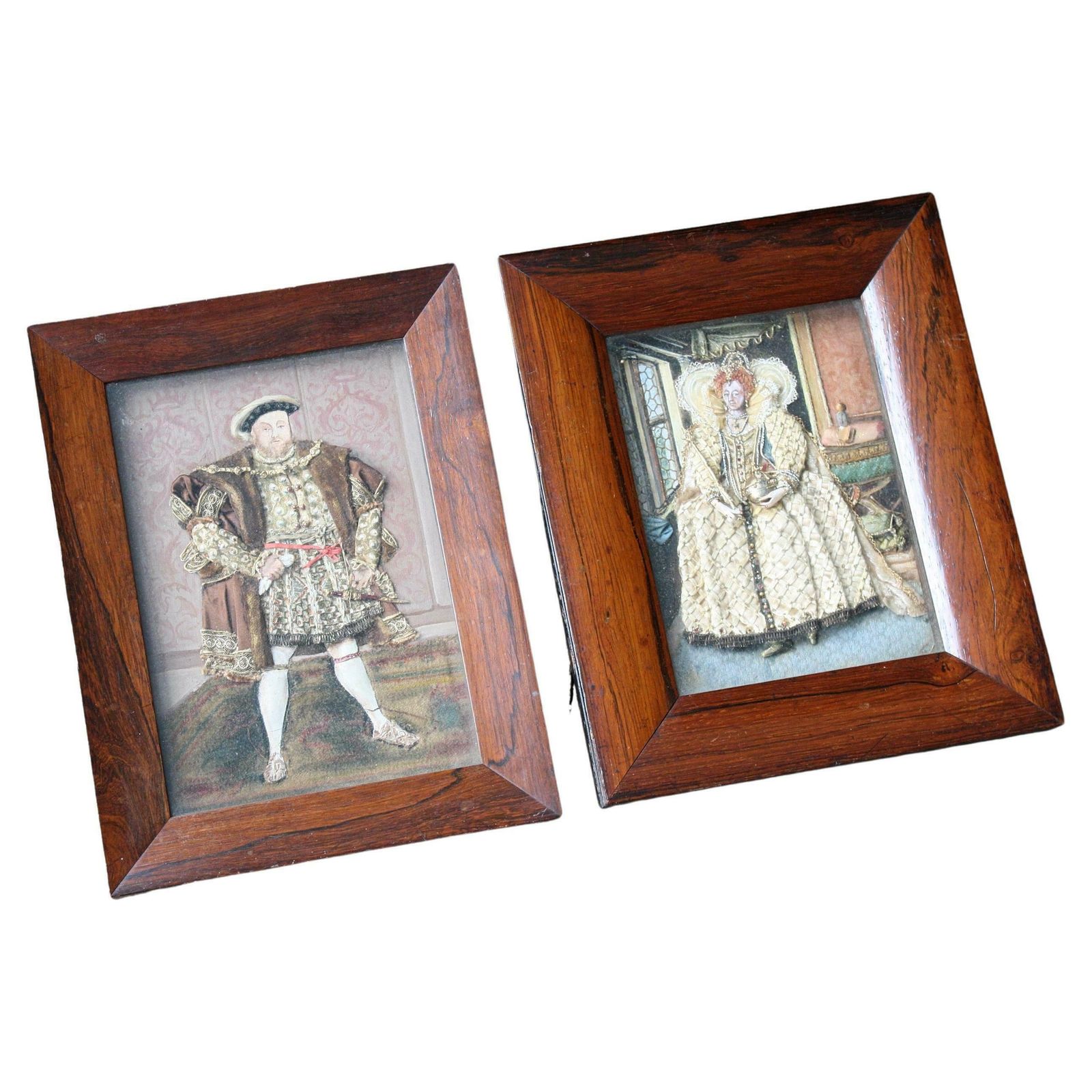 Early 20th Century Folk Art Appliqué Collages Henry VII & Queen Elizabeth 1st