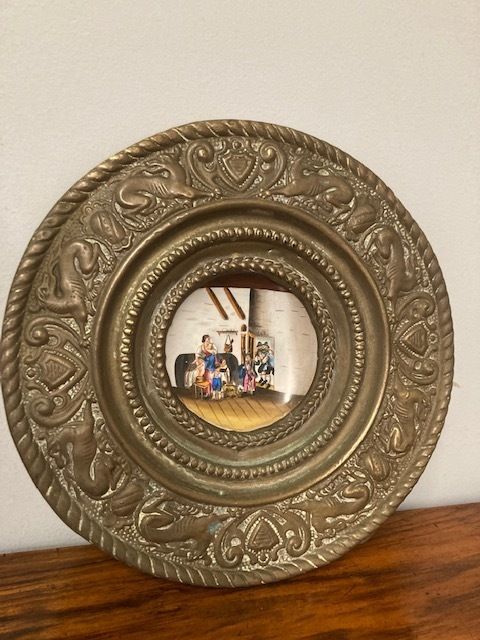 Antique 19th Century Miniature Porcelain Plate With Embossed Brass Frame. photo for sale