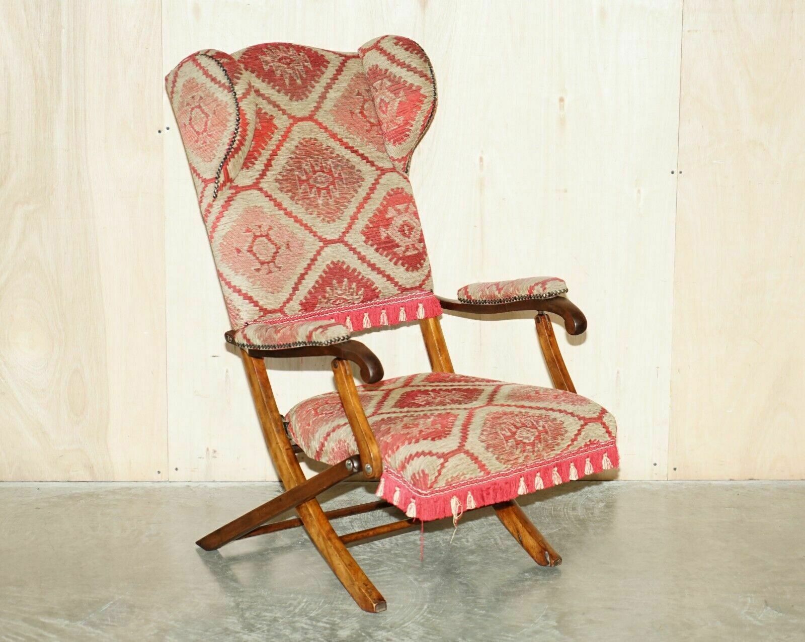 Stunning Antique Victorian Military Campaign Kilim Upholstered Folding Armchair