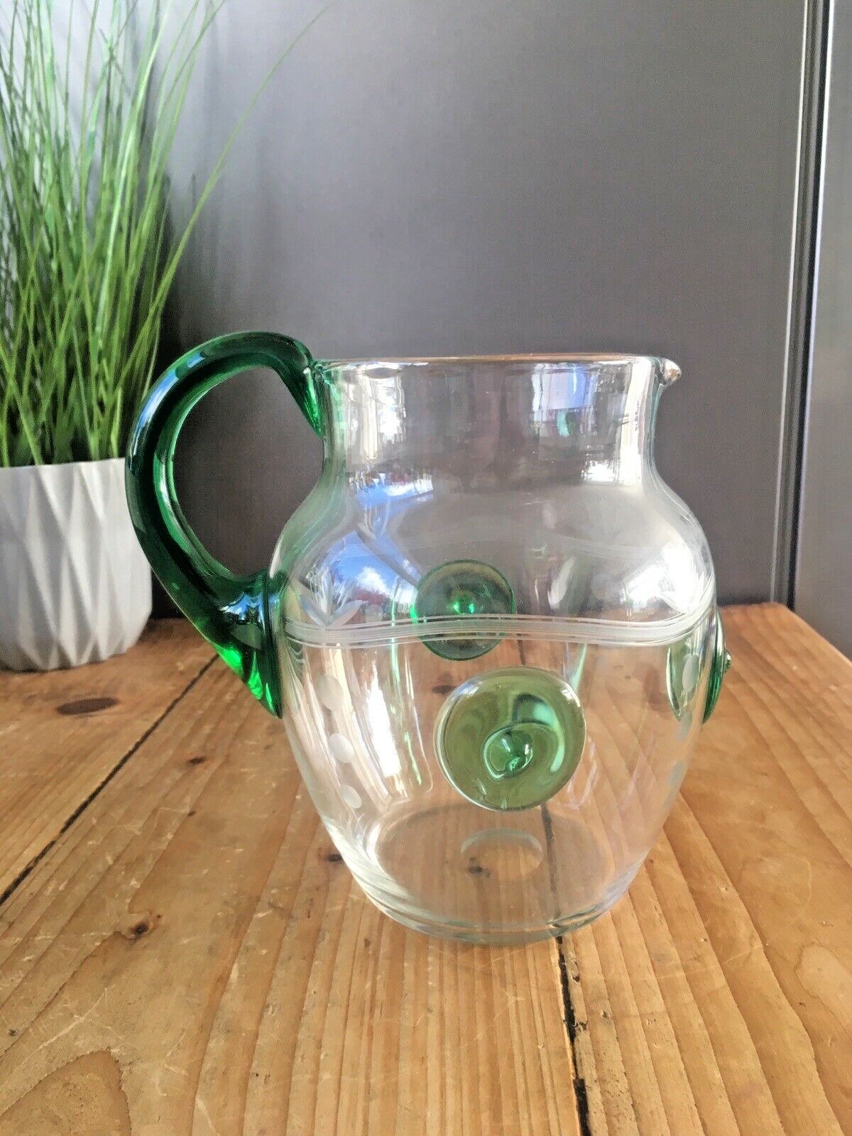 Unusual Art Deco Etched Clear Green Glass Nipple Roundel Water Pitcher Jug Czech photo vinterior