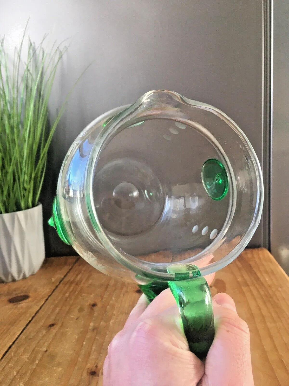 photo furniture Unusual Art Deco Etched Clear Green Glass Nipple Roundel Water Pitcher Jug Czech