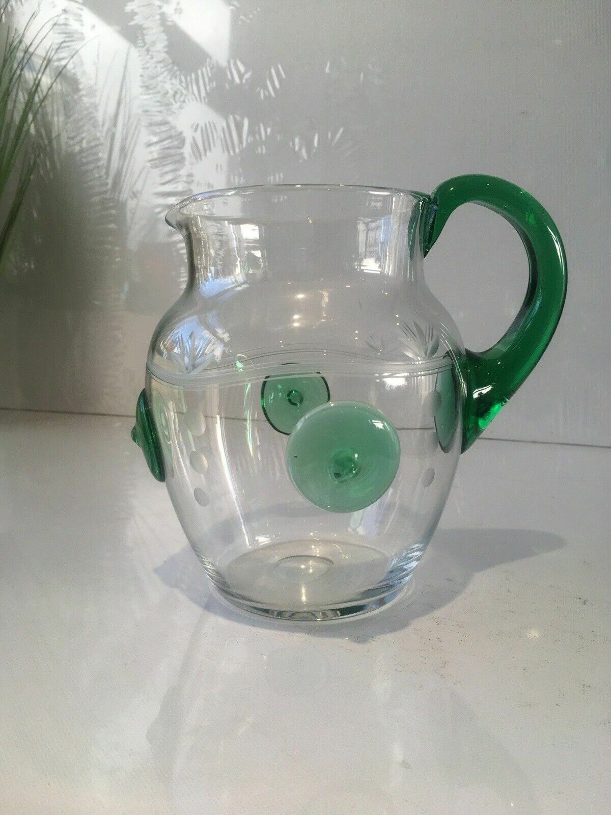 photo vinterior Unusual Art Deco Etched Clear Green Glass Nipple Roundel Water Pitcher Jug Czech