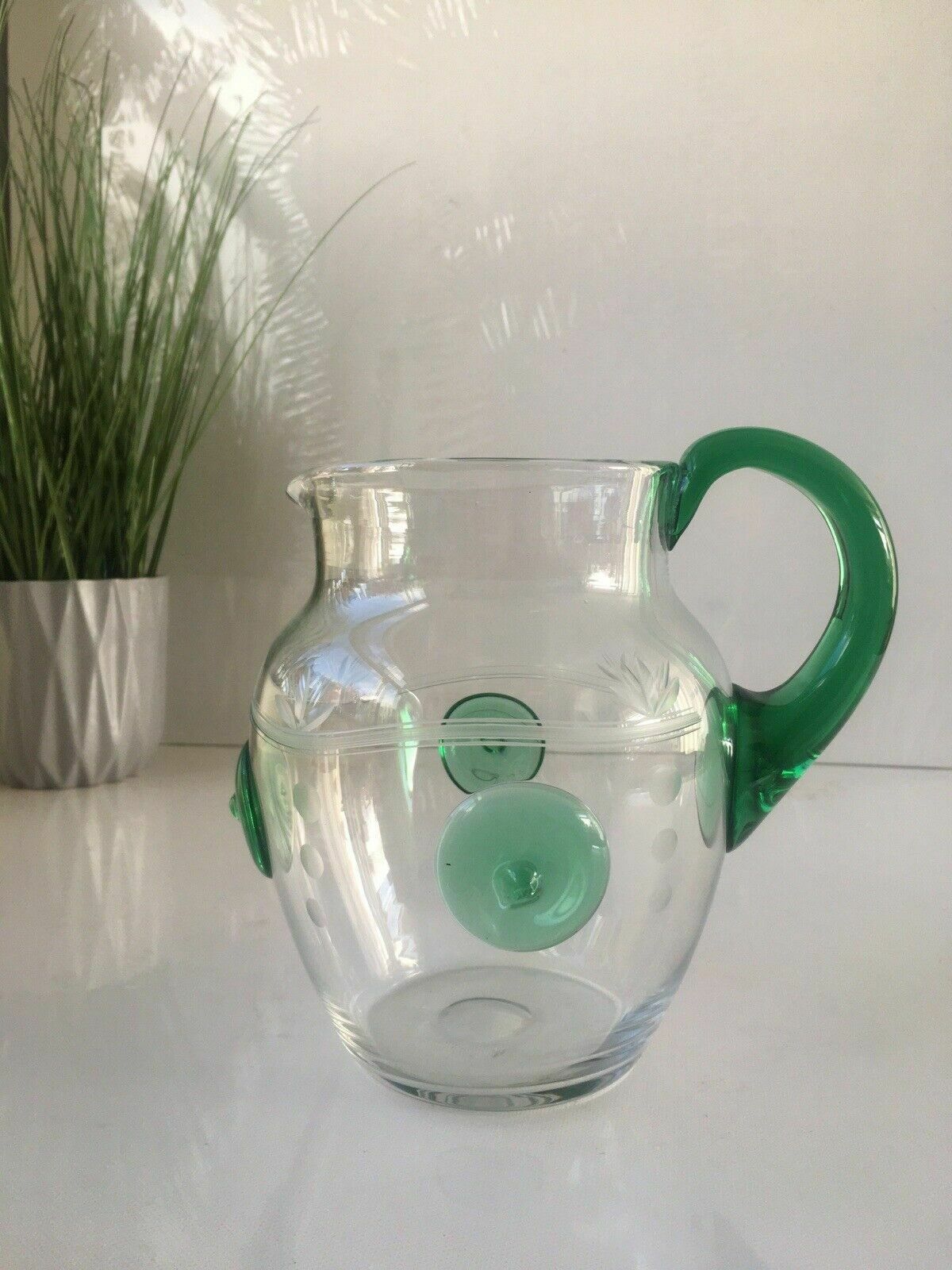 photo vintage Unusual Art Deco Etched Clear Green Glass Nipple Roundel Water Pitcher Jug Czech