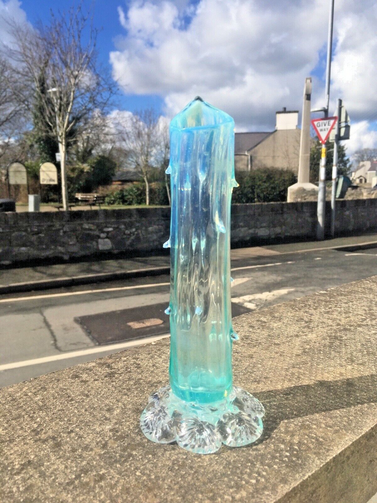 Antique 19th C Victorian Blue Vaseline Glass Opalescent Spiked Footed Bud Vase