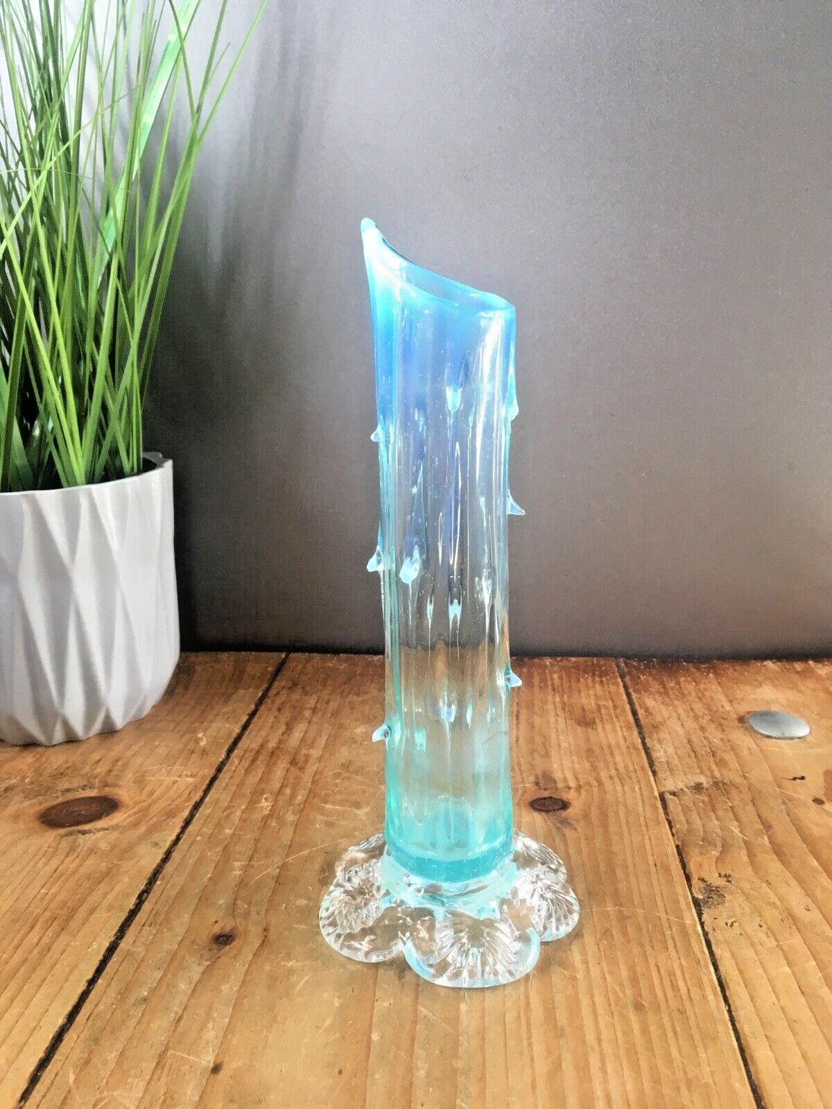 Antique 19th C Victorian Blue Vaseline Glass Opalescent Spiked Footed Bud Vase photo 100.0