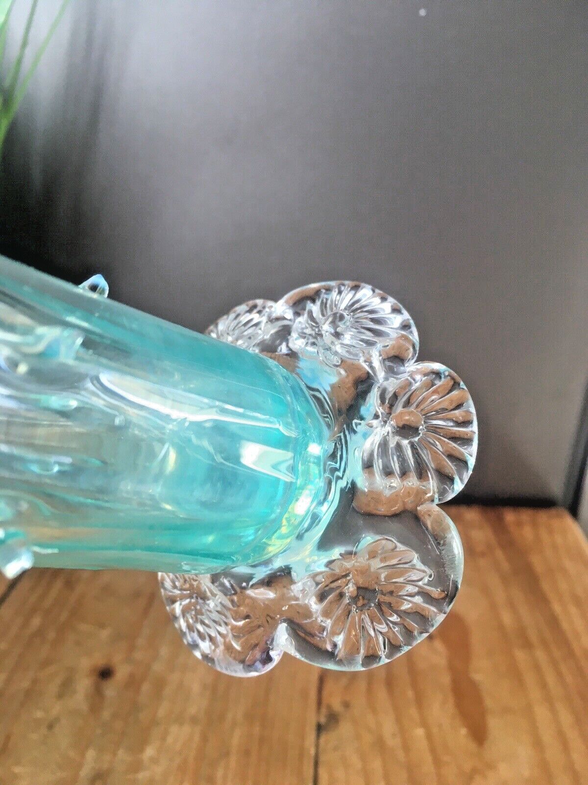 Antique 19th C Victorian Blue Vaseline Glass Opalescent Spiked Footed Bud Vase photo vinterior
