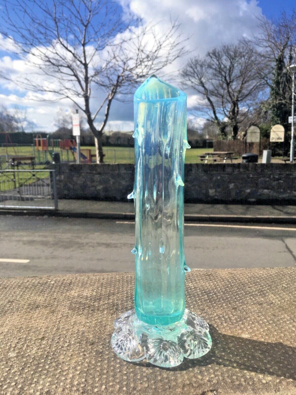 photo for sale Antique 19th C Victorian Blue Vaseline Glass Opalescent Spiked Footed Bud Vase