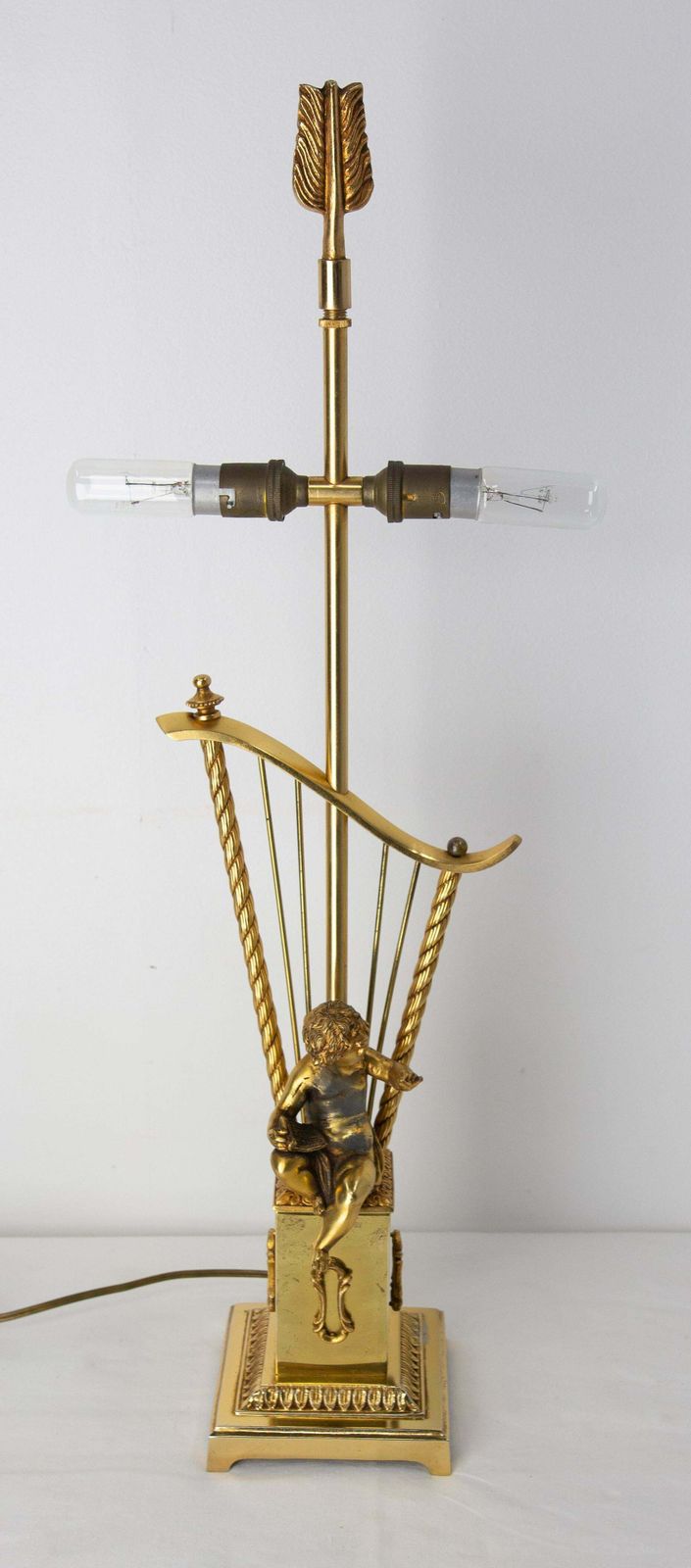French Brass Table Lamp With Putti Reading In Front Of A Harp, Mid Century photo Lighting