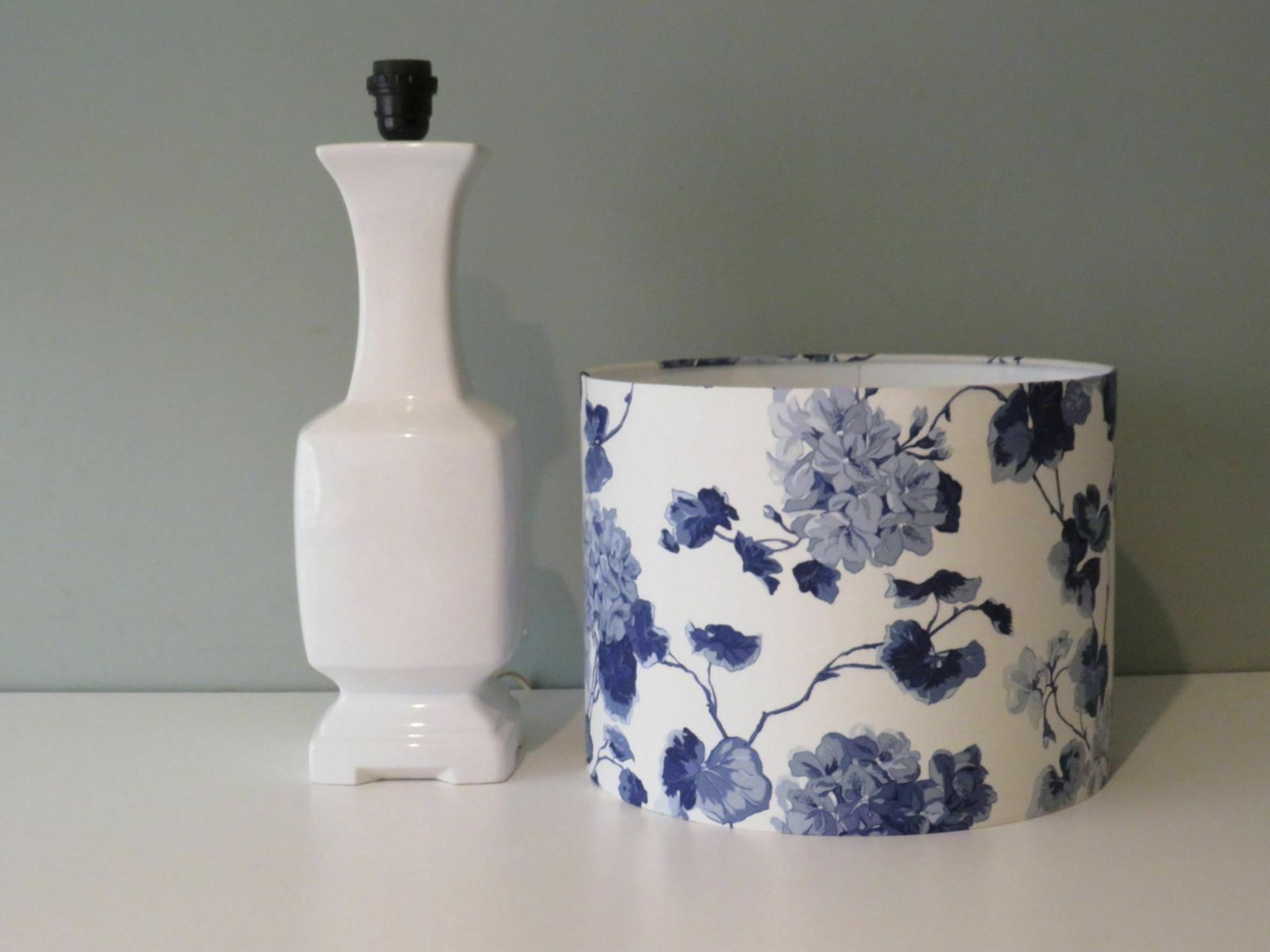 Mid Century White Ceramic, Pagoda Shaped Table Lamp With New, Handmade Lampshade In Ralph Lauren Fabric. photo 480.0