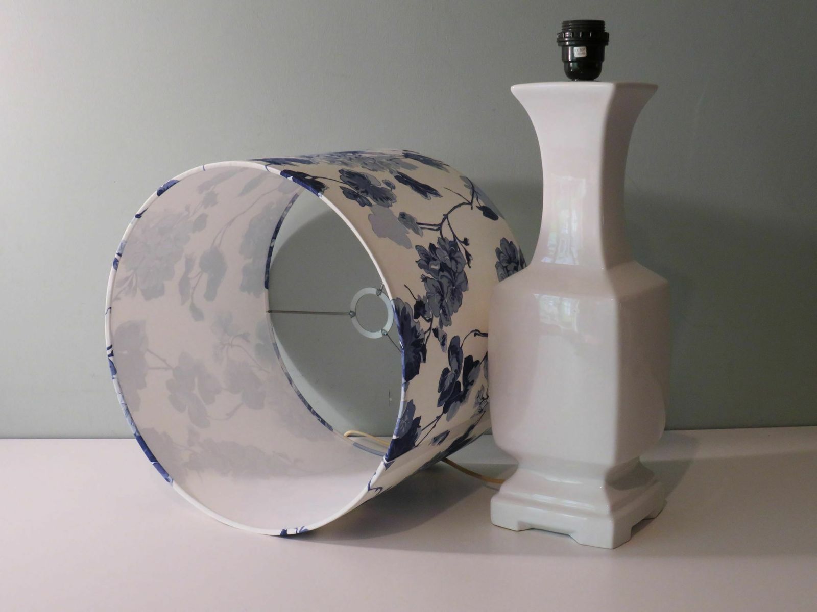 Mid Century White Ceramic, Pagoda Shaped Table Lamp With New, Handmade Lampshade In Ralph Lauren Fabric. photo vinterior