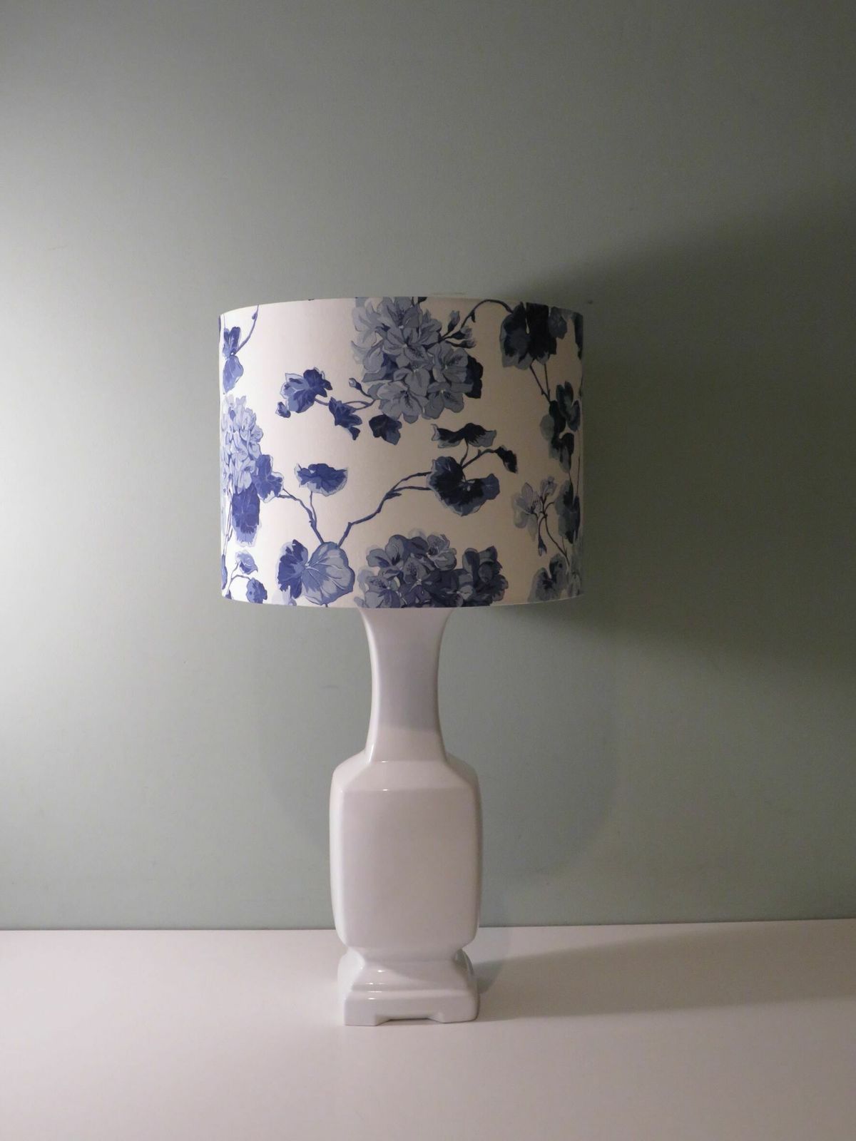 Mid Century White Ceramic, Pagoda Shaped Table Lamp With New, Handmade Lampshade In Ralph Lauren Fabric. photo vintage