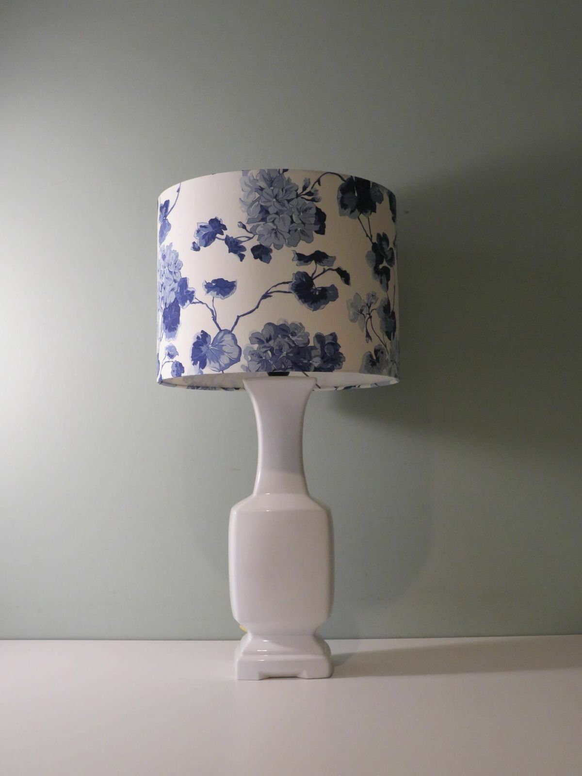 photo for sale Mid Century White Ceramic, Pagoda Shaped Table Lamp With New, Handmade Lampshade In Ralph Lauren Fabric.