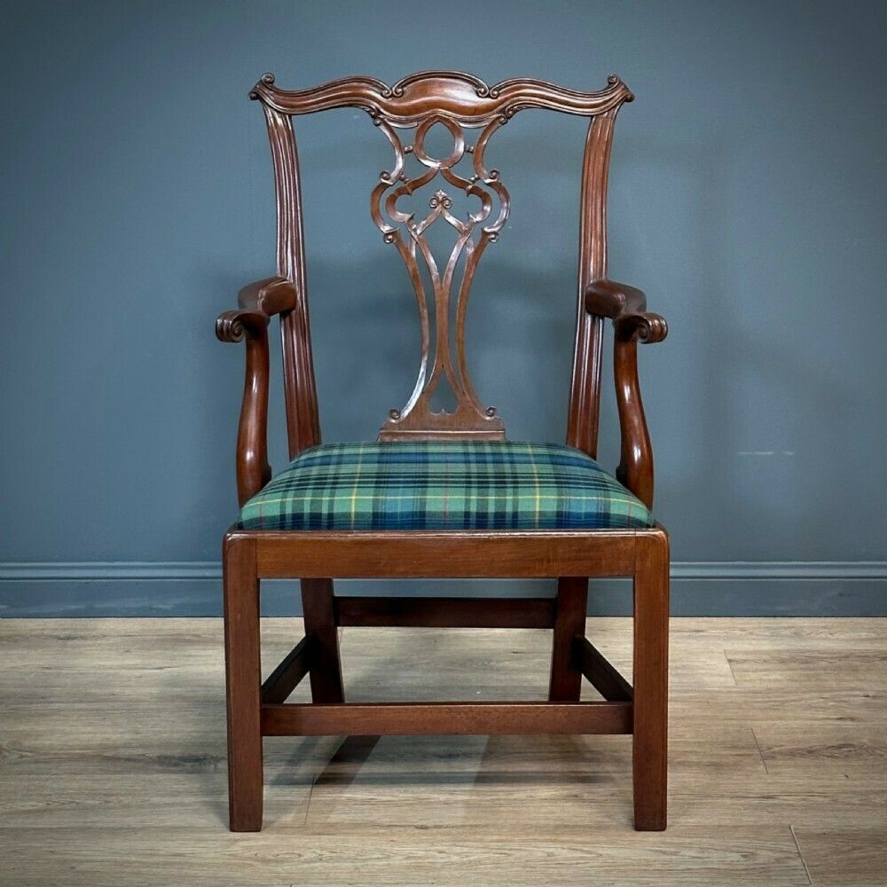 Attractive Vintage Chippendale Style Mahogany Carver Chair, Newly Upholstered photo for sale