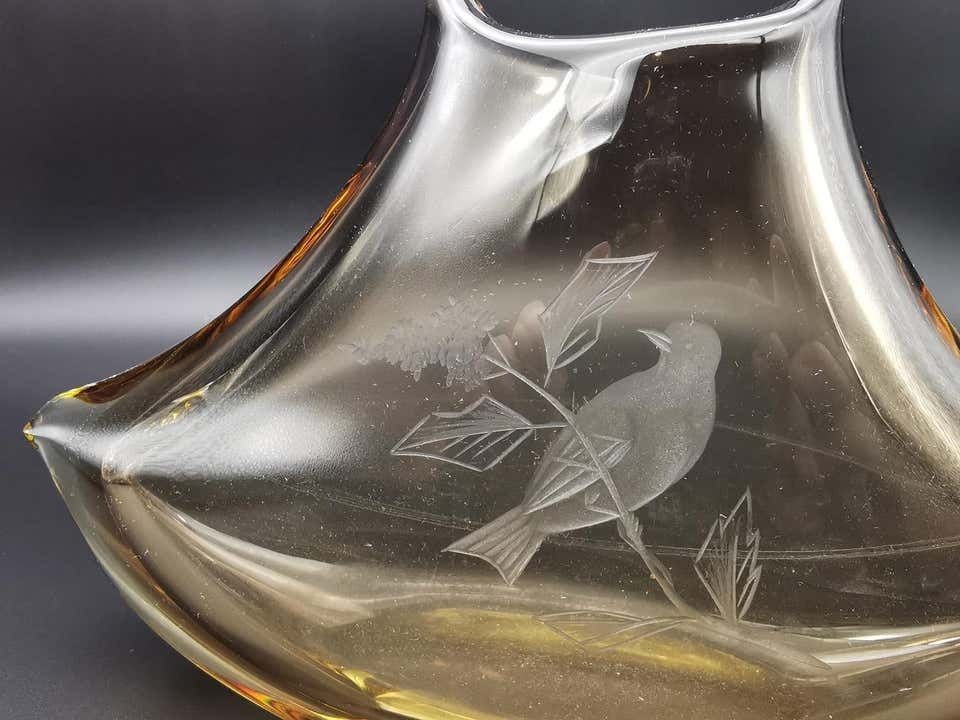 Fumè Bohemian Vase In Thick Glass With Engravings photo for sale