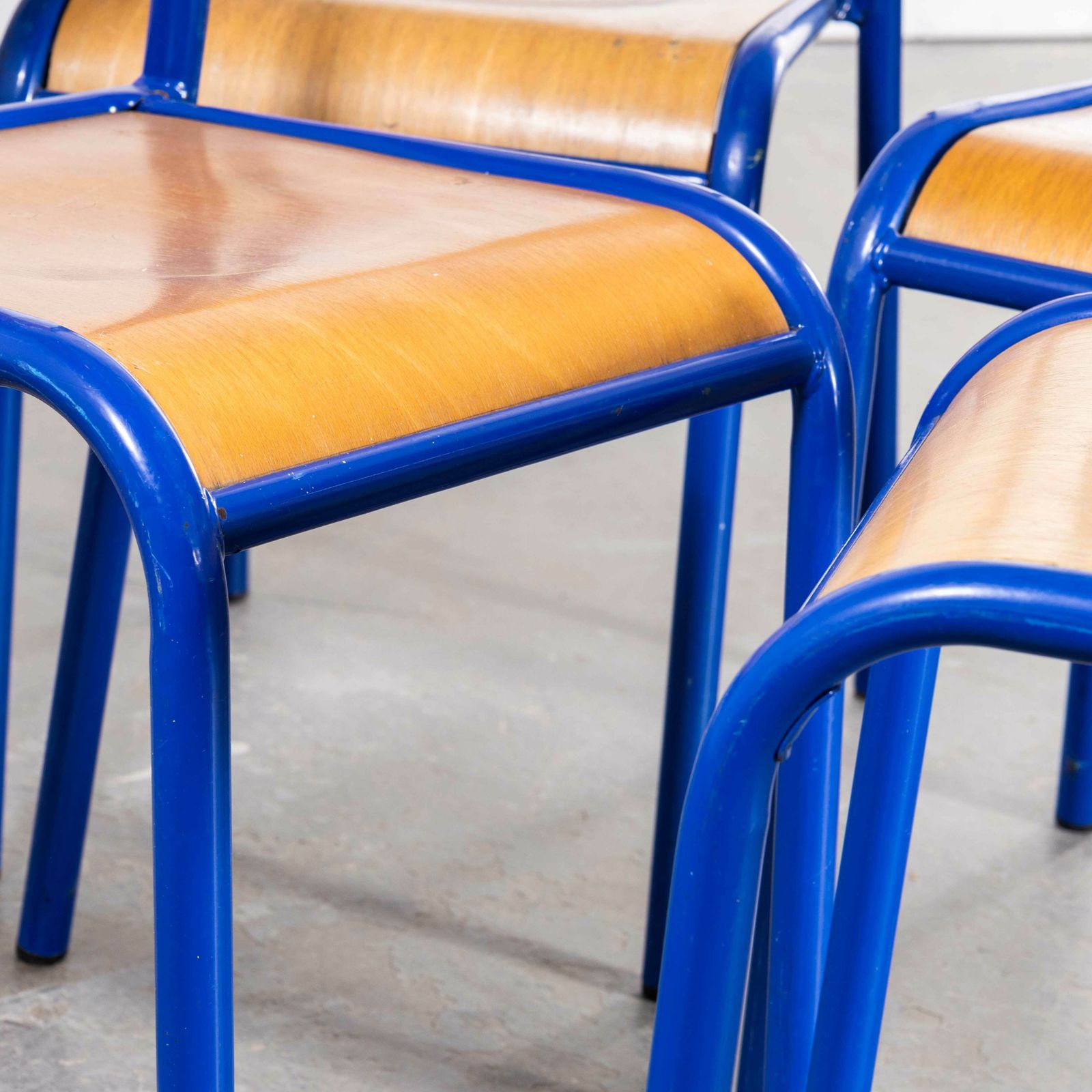 1970’s Bright Blue Mullca Stacking Dining Chair – Beech Seat – Set Of Six photo for sale