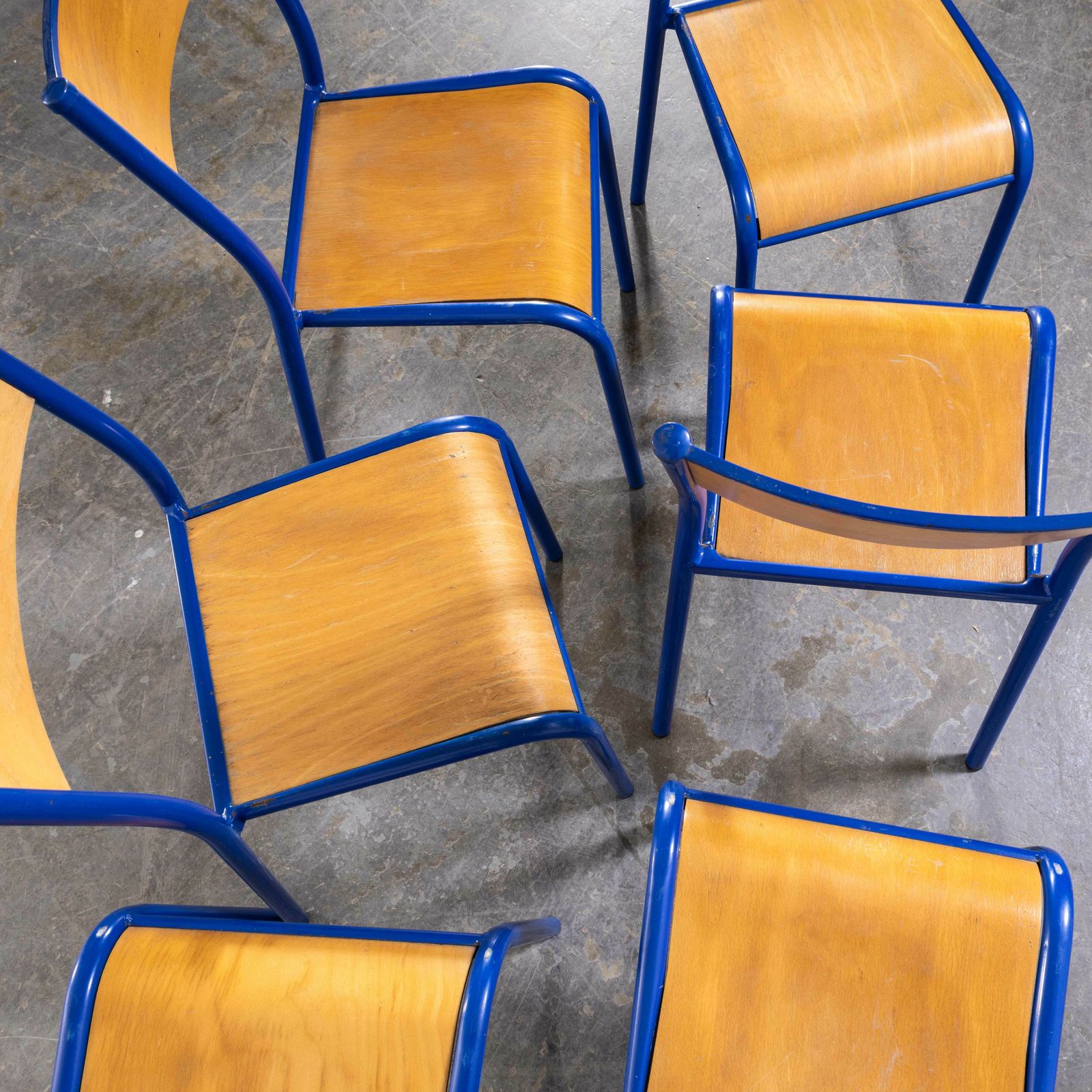 1970’s Bright Blue Mullca Stacking Dining Chair – Beech Seat – Set Of Six photo 510.0