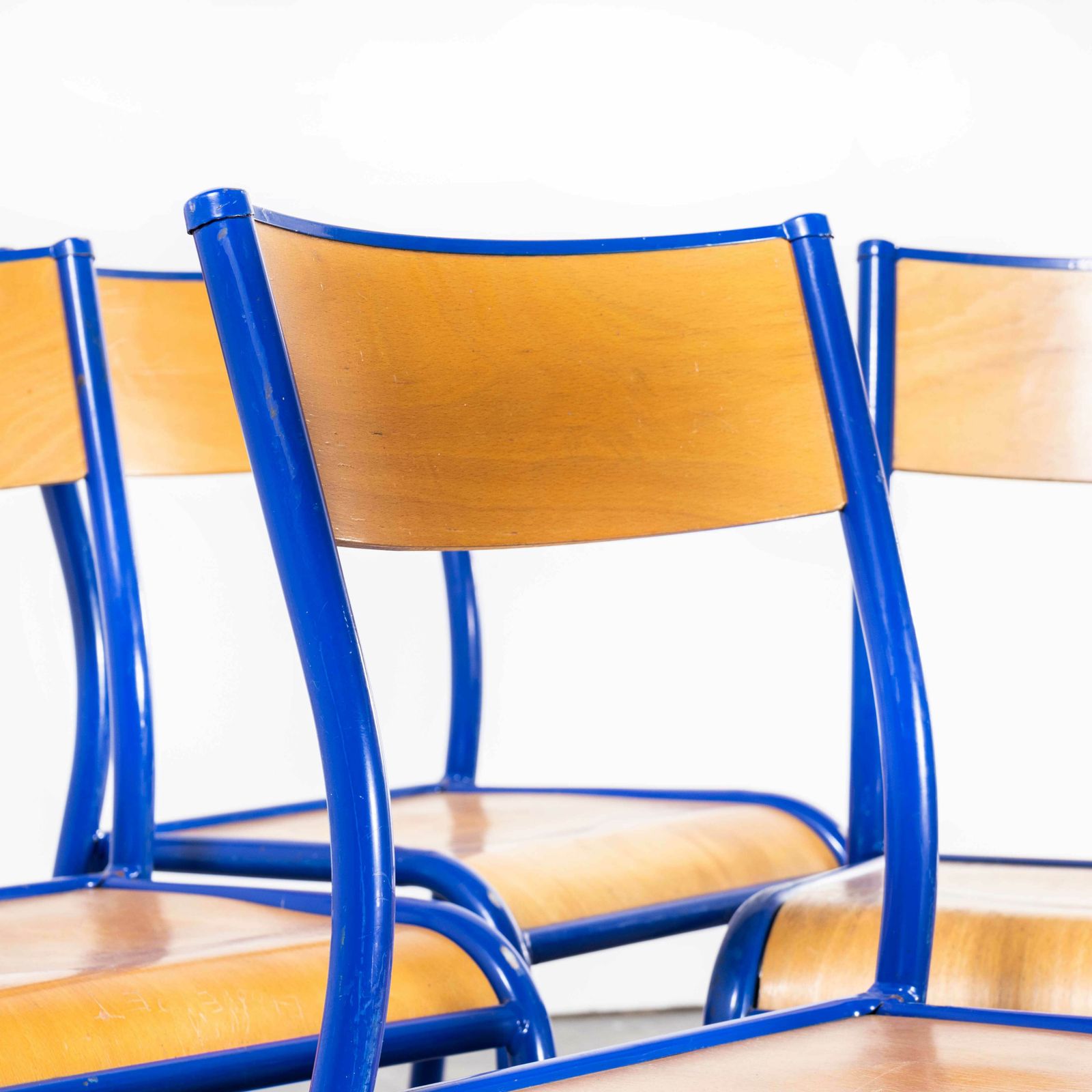 1970’s Bright Blue Mullca Stacking Dining Chair – Beech Seat – Set Of Six photo vinterior