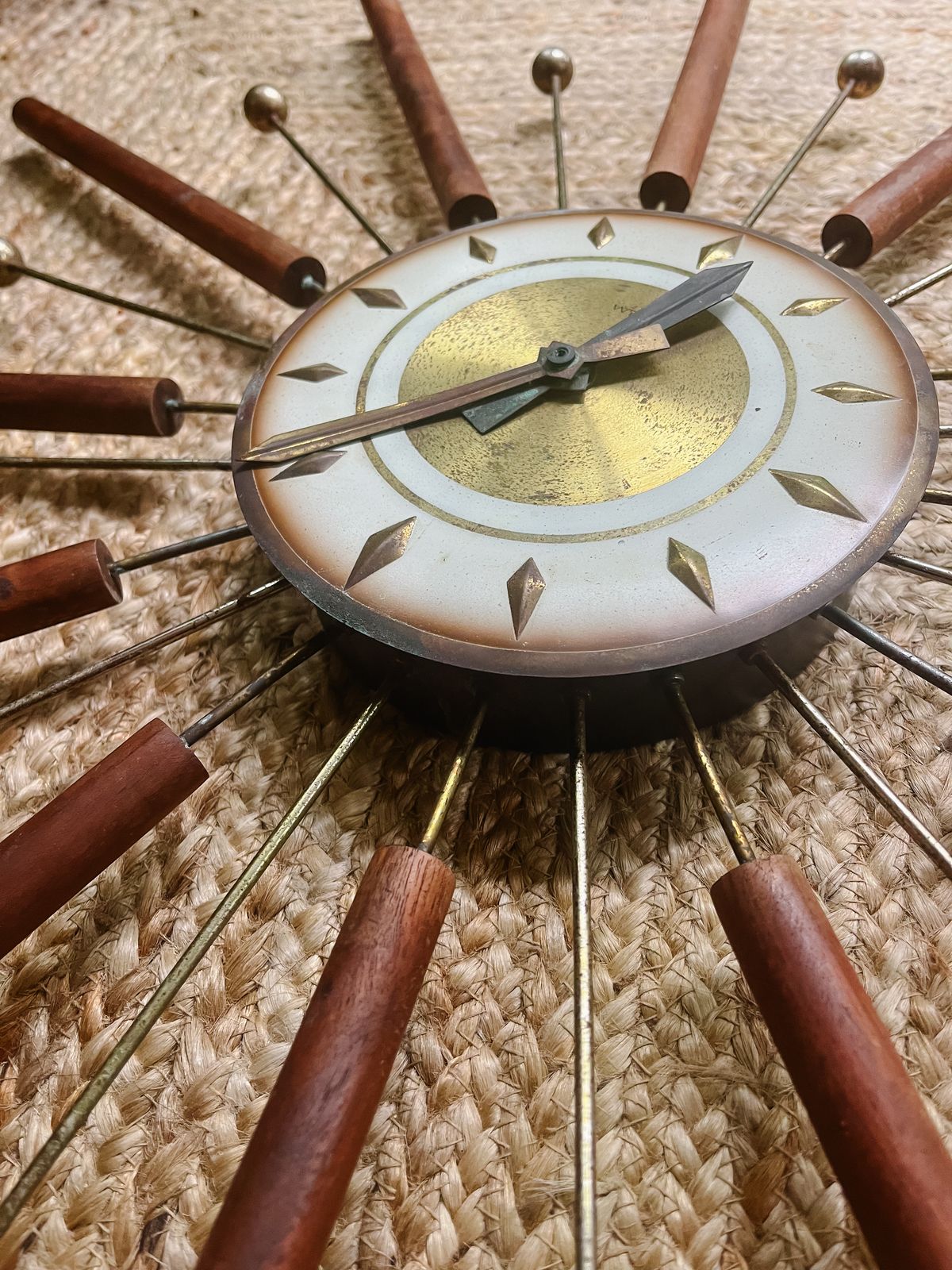 Welby Mid Century Starburst Wall Clock, Vintage Walnut And Brass