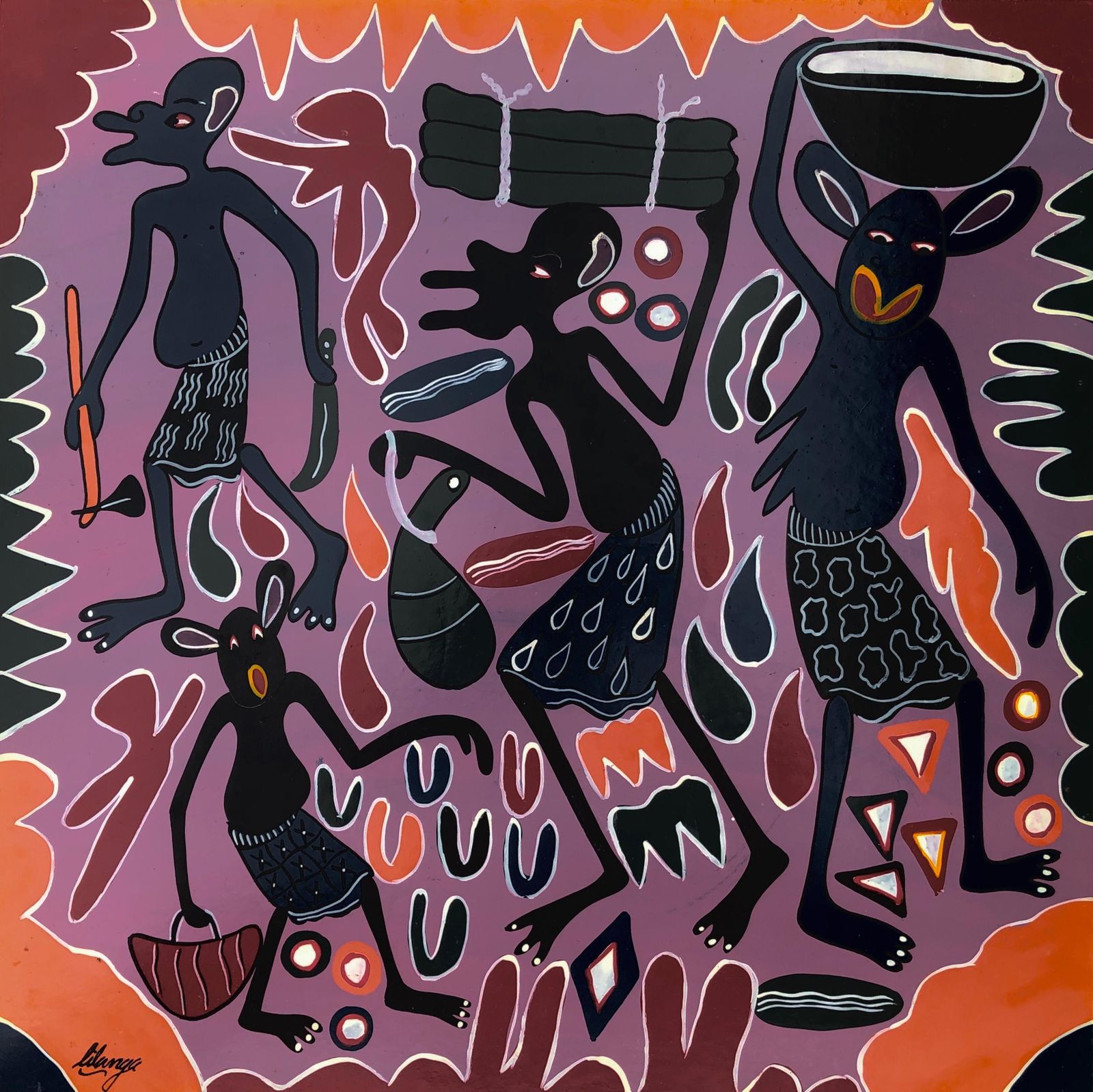 アート・デザイン・音楽 Tribute to e Lilanga George Lilang Aafrican Tribal Dance Acrylic On Board Painting 2000