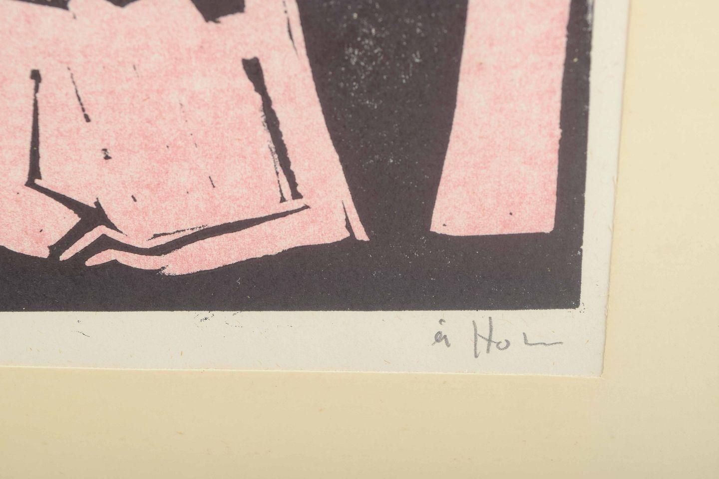 åke Holm. Woodcut With Group Figures. Color Print In Black, Pink