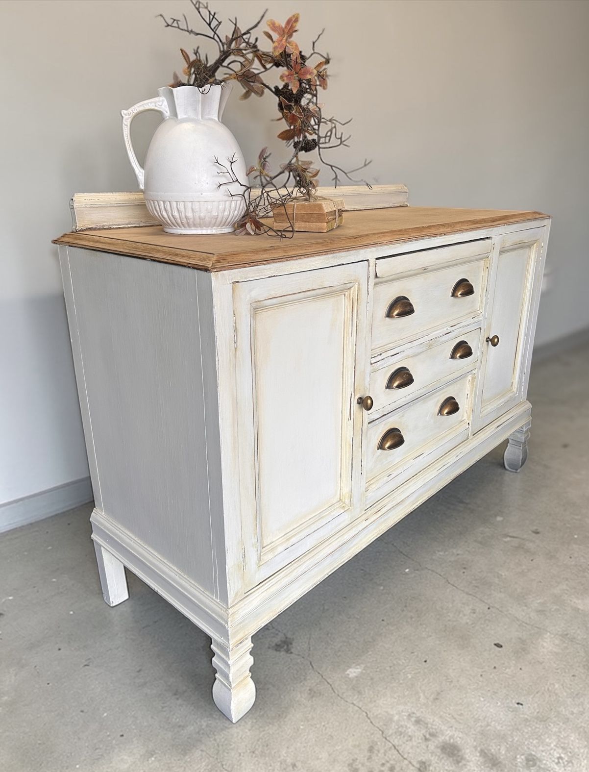 Vintage Solid Oak Top Sideboard In Soft Cream | | Vinterior