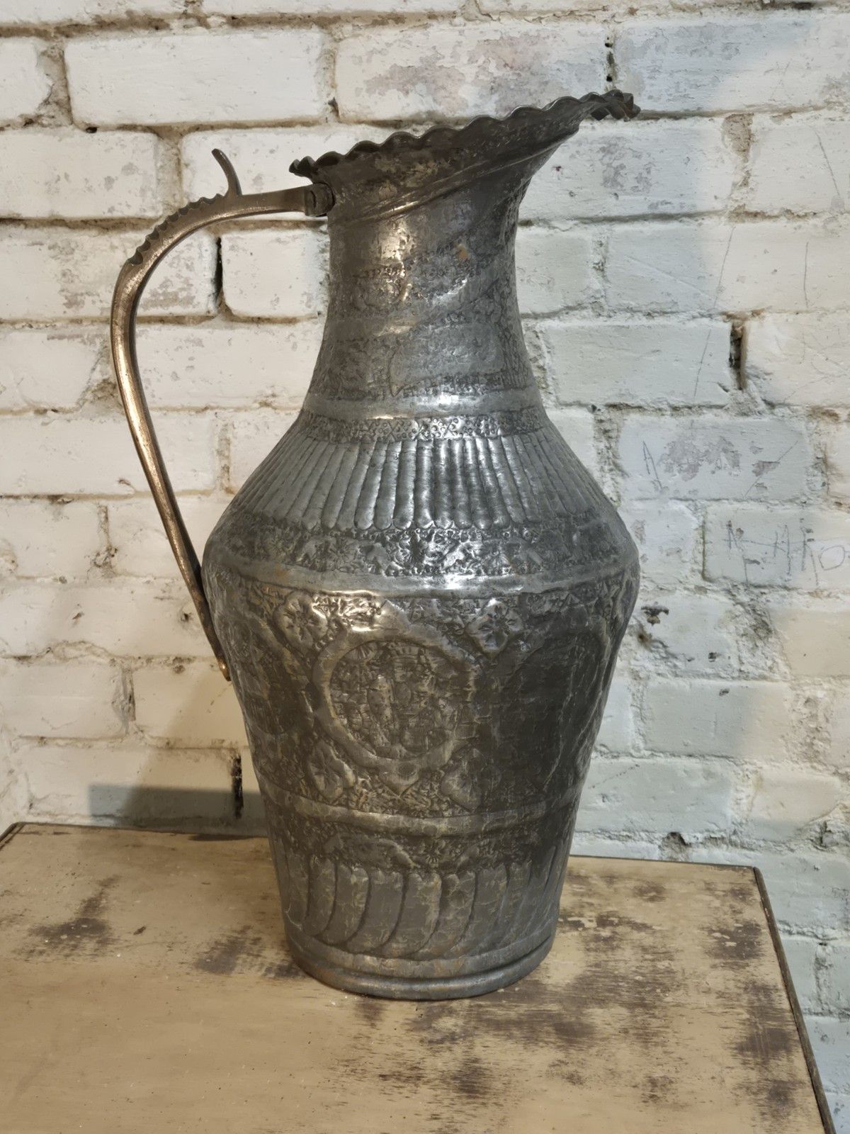 Large Antique Middle Eastern Tinned Copper Ewer Brass Handle Hand ...