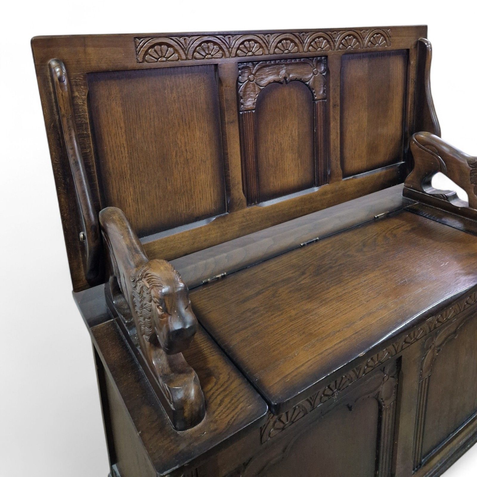 Metamorphic Bench Antique Storage Monks Bench Carved Panelled Oak Metamorphic Console ...