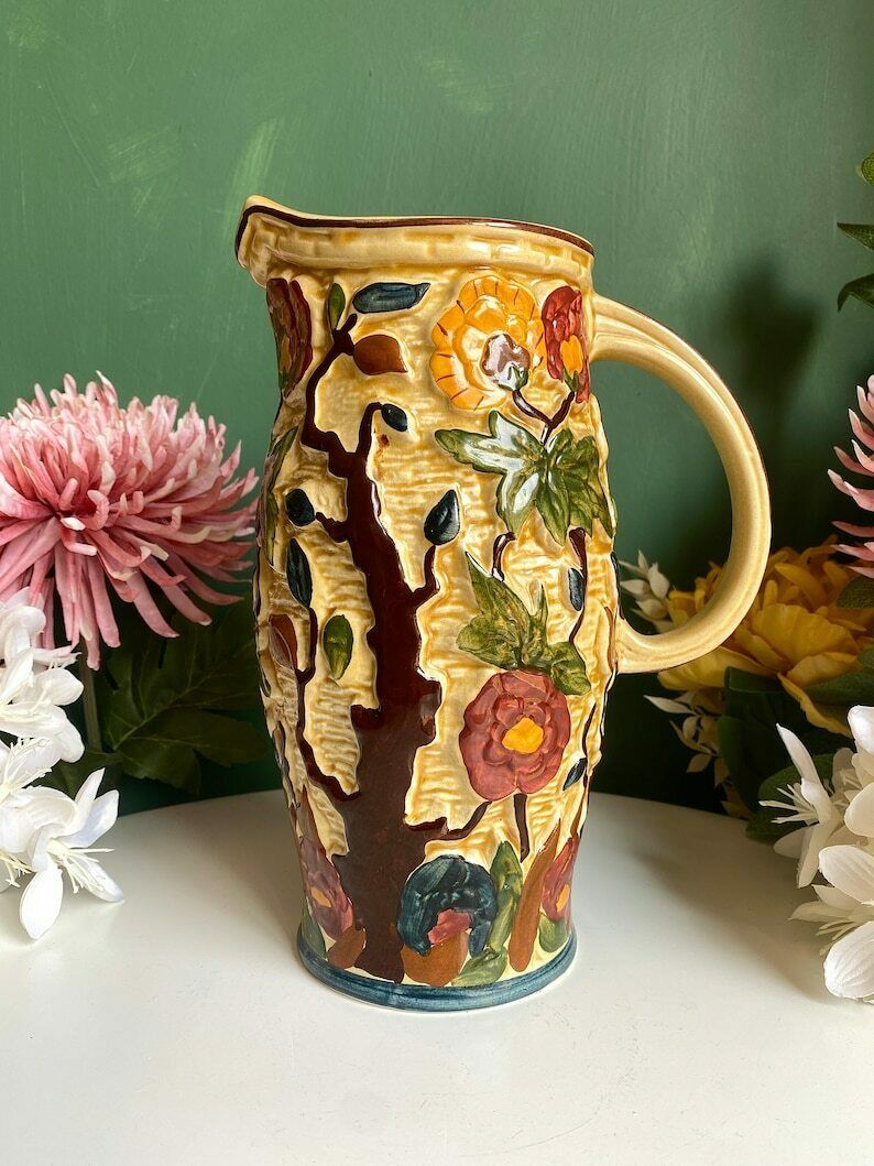 Vintage 1960's Ornate Textured Indian Tree Jug Vase By Hj Woods