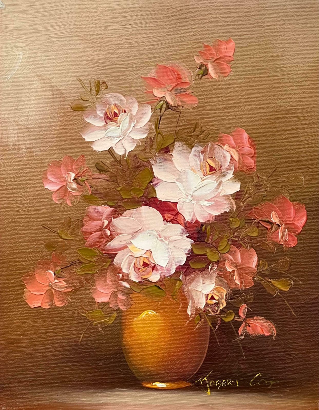 Robert Cox Still Life Of A Vase Of Pink Red & White Roses By 20th