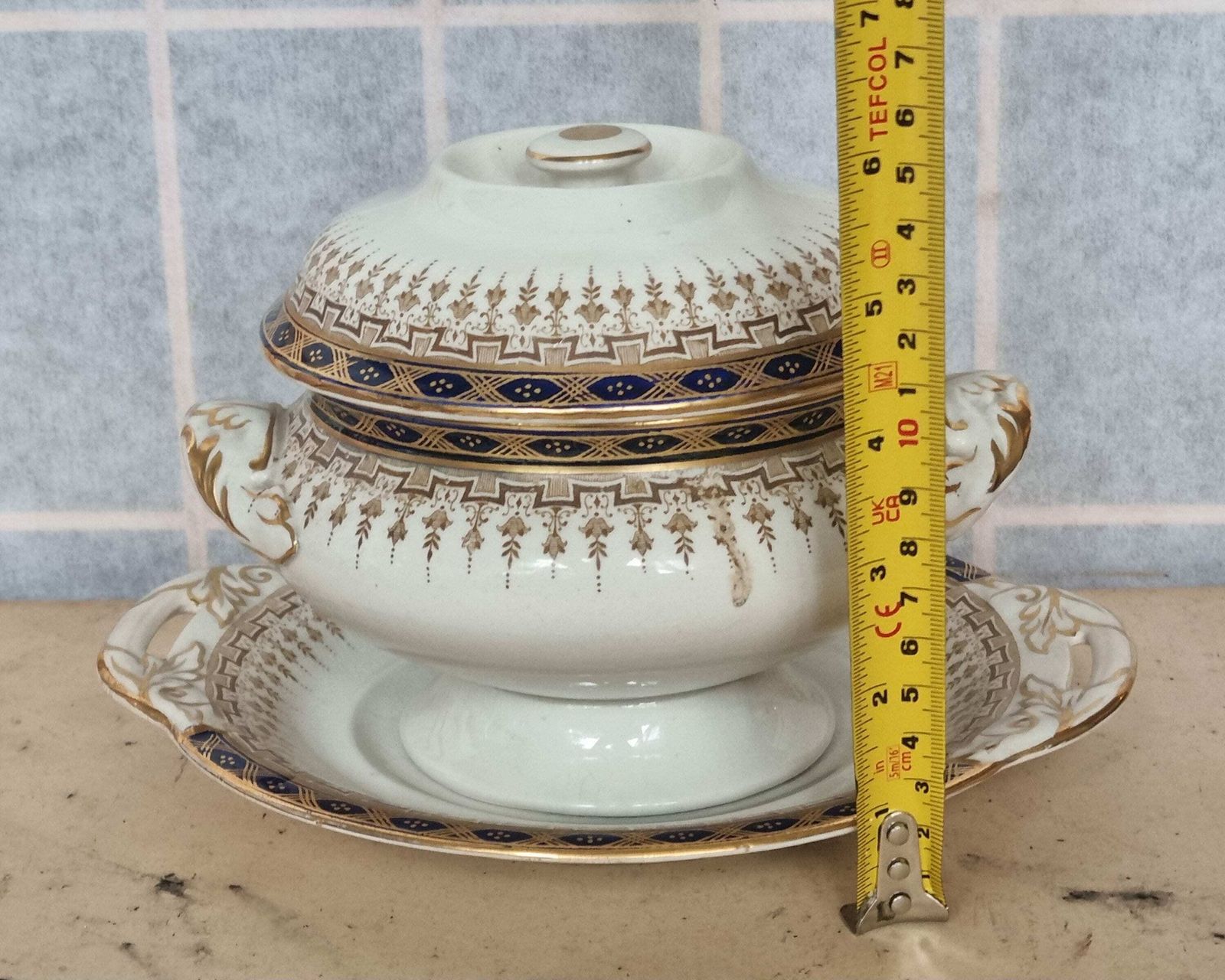 Royal Doulton Victorian Serving Bowl | Rare Blue Gold Pattern Soup