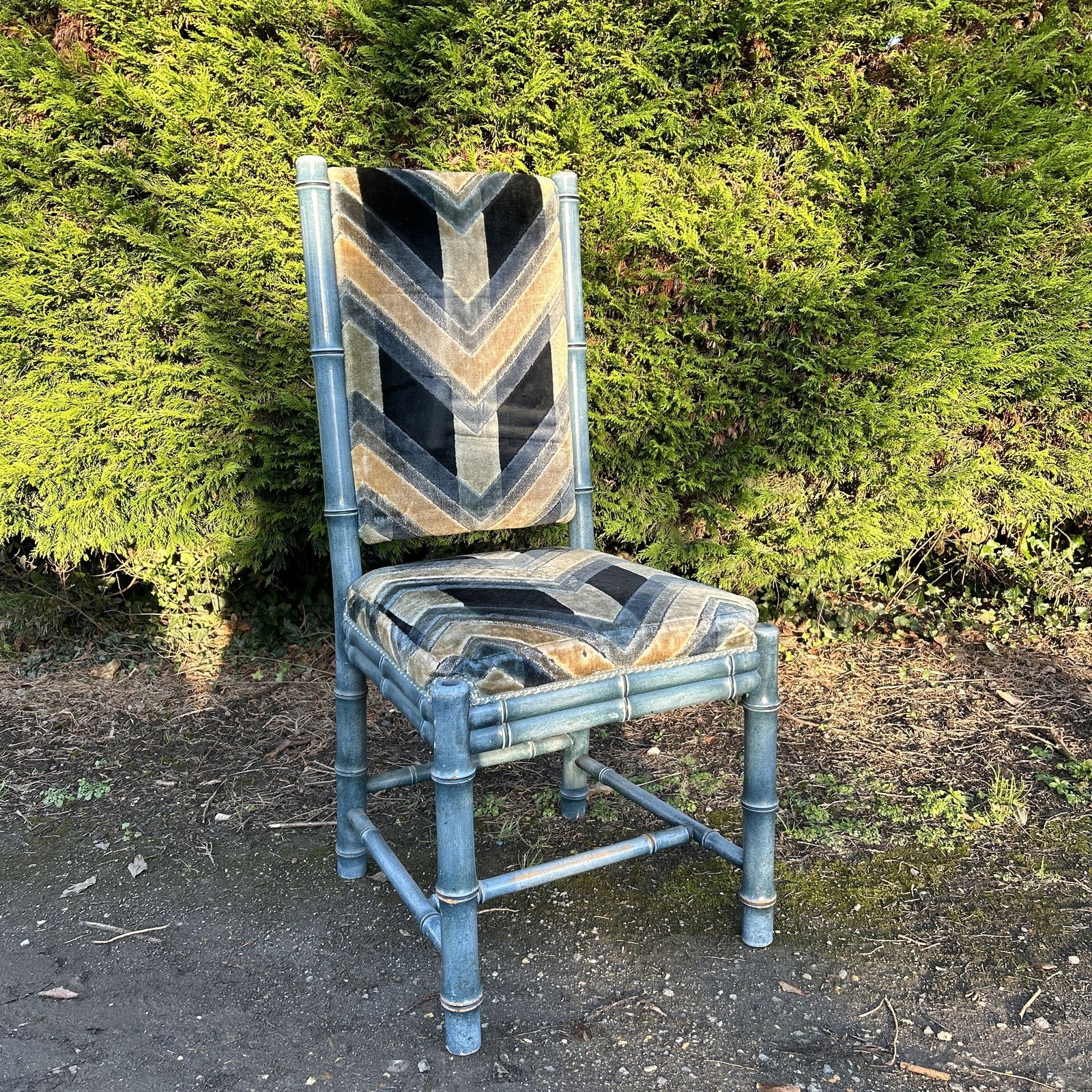 Set Of Faux Bamboo Dining Chairs With Art Deco Inspired Fabric. Dating ...